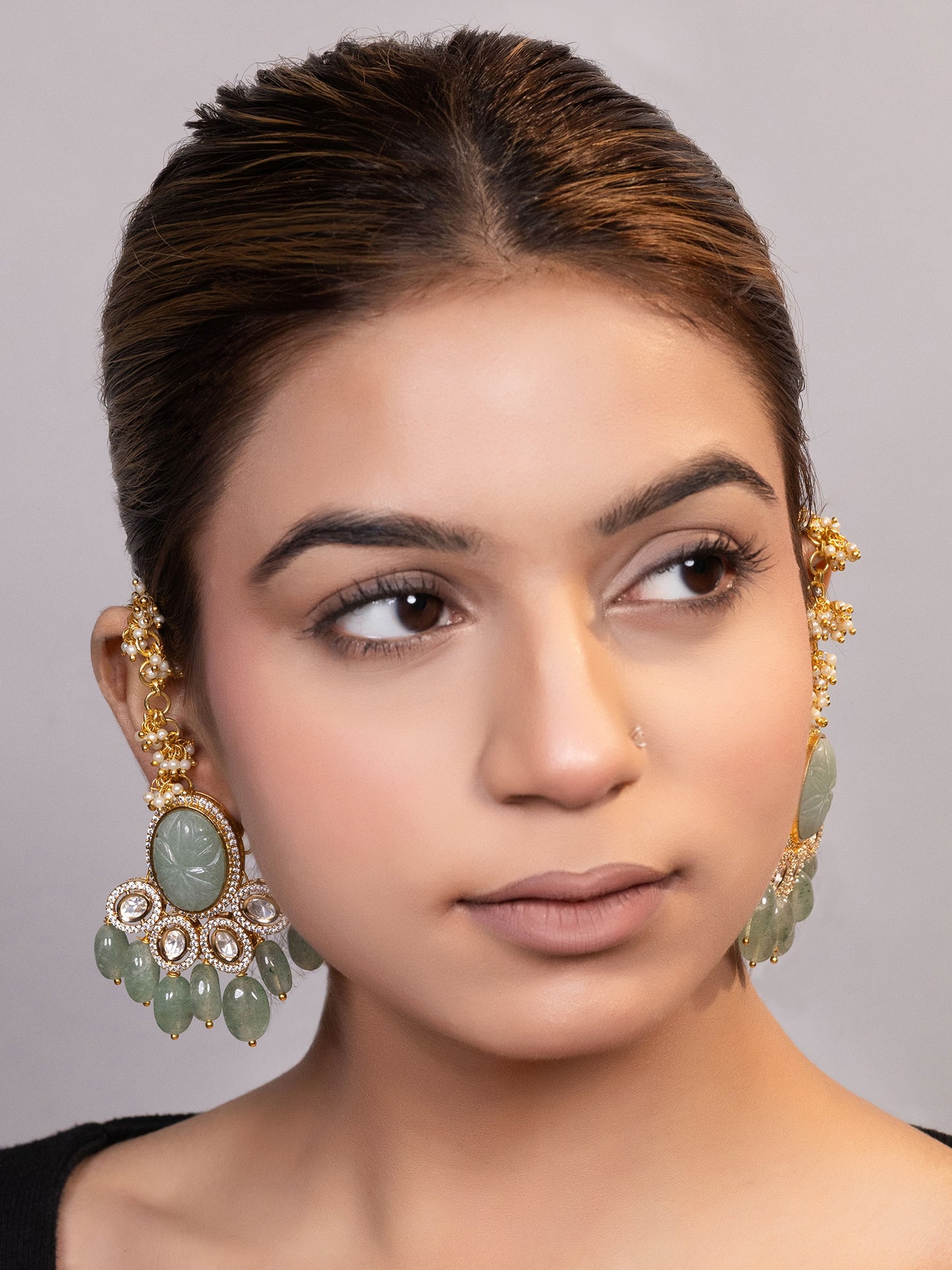 LE NENYA GOLD PLATED MOISSANITE AND GREEN PEARLS STUDDED EARRINGS jewellery in 24K gold plating | XAGO Luxe