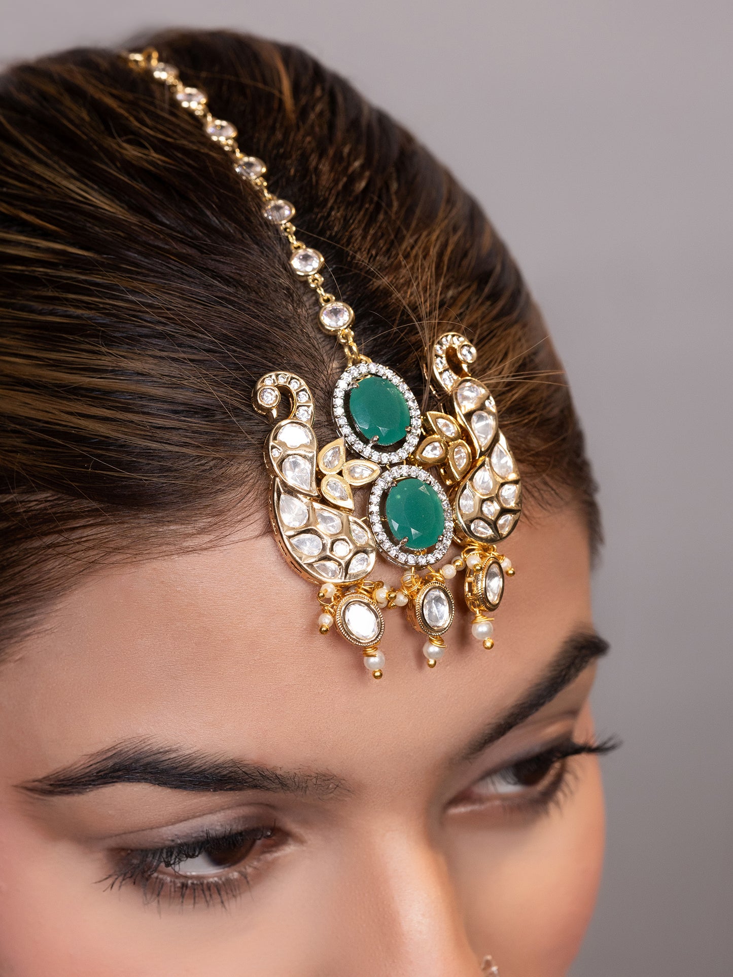 LE ANA GREEN BEADS AND MOISSANITE STUDDED MAANGTIKKA jewellery in 24K gold plating | XAGO Luxe