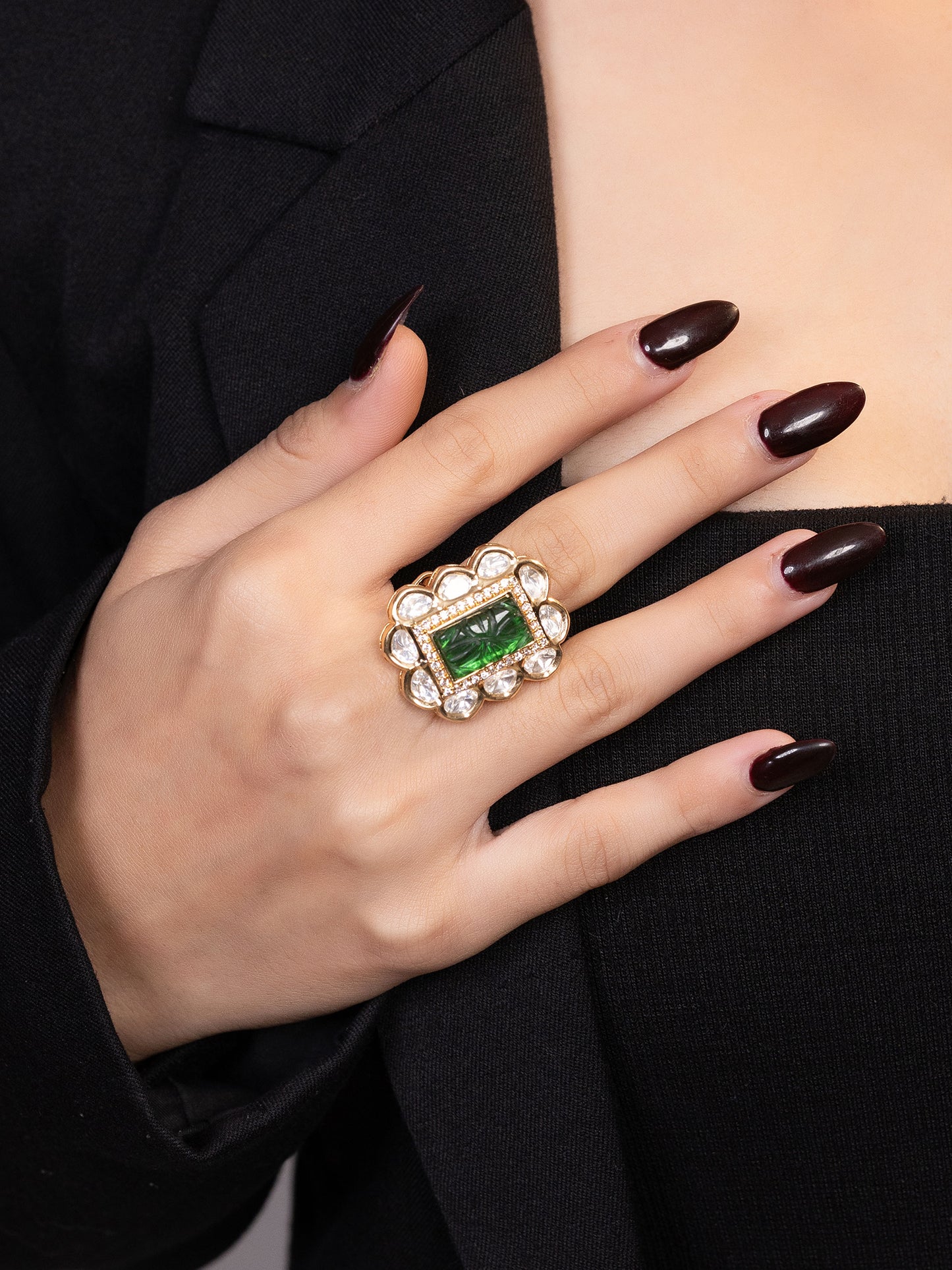 LE CALIA GOLD-PLATED GREEN KUNDAN-STUDDED FINGER RING jewellery in 24K gold plating | XAGO Luxe