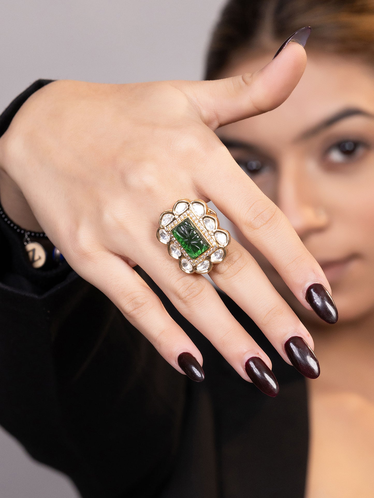 LE CALIA GOLD-PLATED GREEN KUNDAN-STUDDED FINGER RING jewellery in 24K gold plating | XAGO Luxe