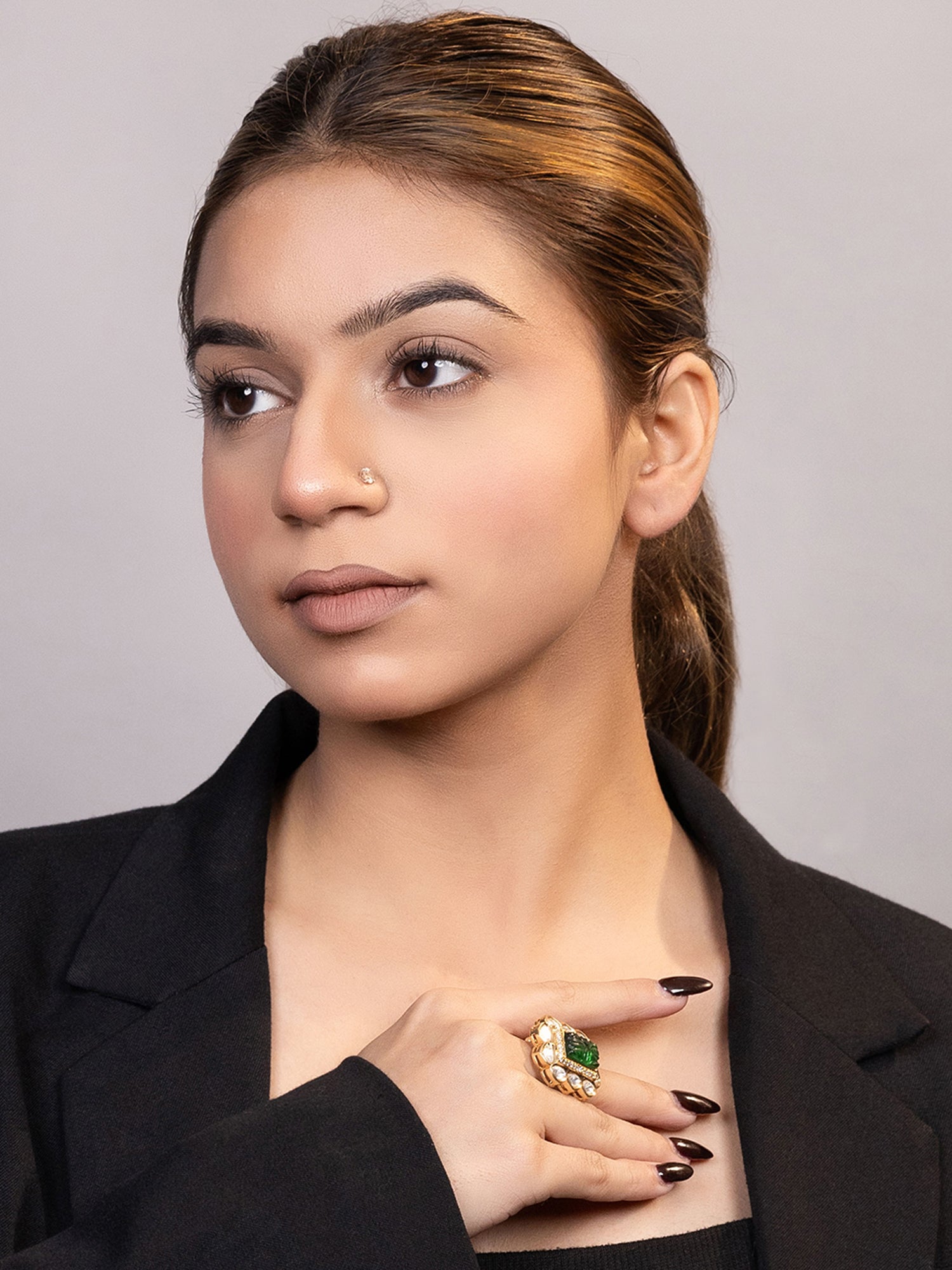 LE CALIA GOLD-PLATED GREEN KUNDAN-STUDDED FINGER RING jewellery in 24K gold plating | XAGO Luxe