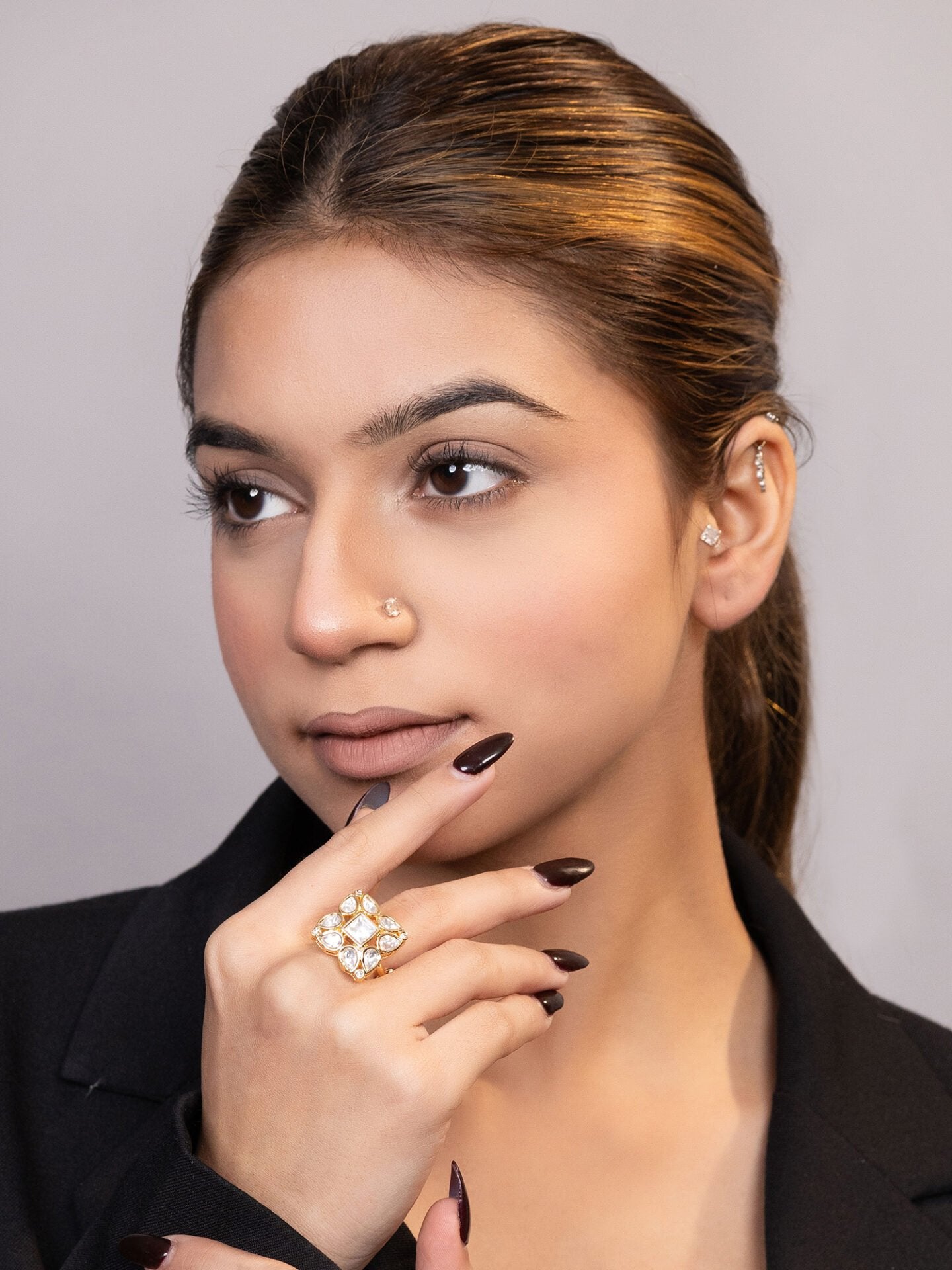 LE GANLIAN GOLD-PLATED KUNDAN-STUDDED  FINGER RING jewellery in 24K gold plating | XAGO Luxe