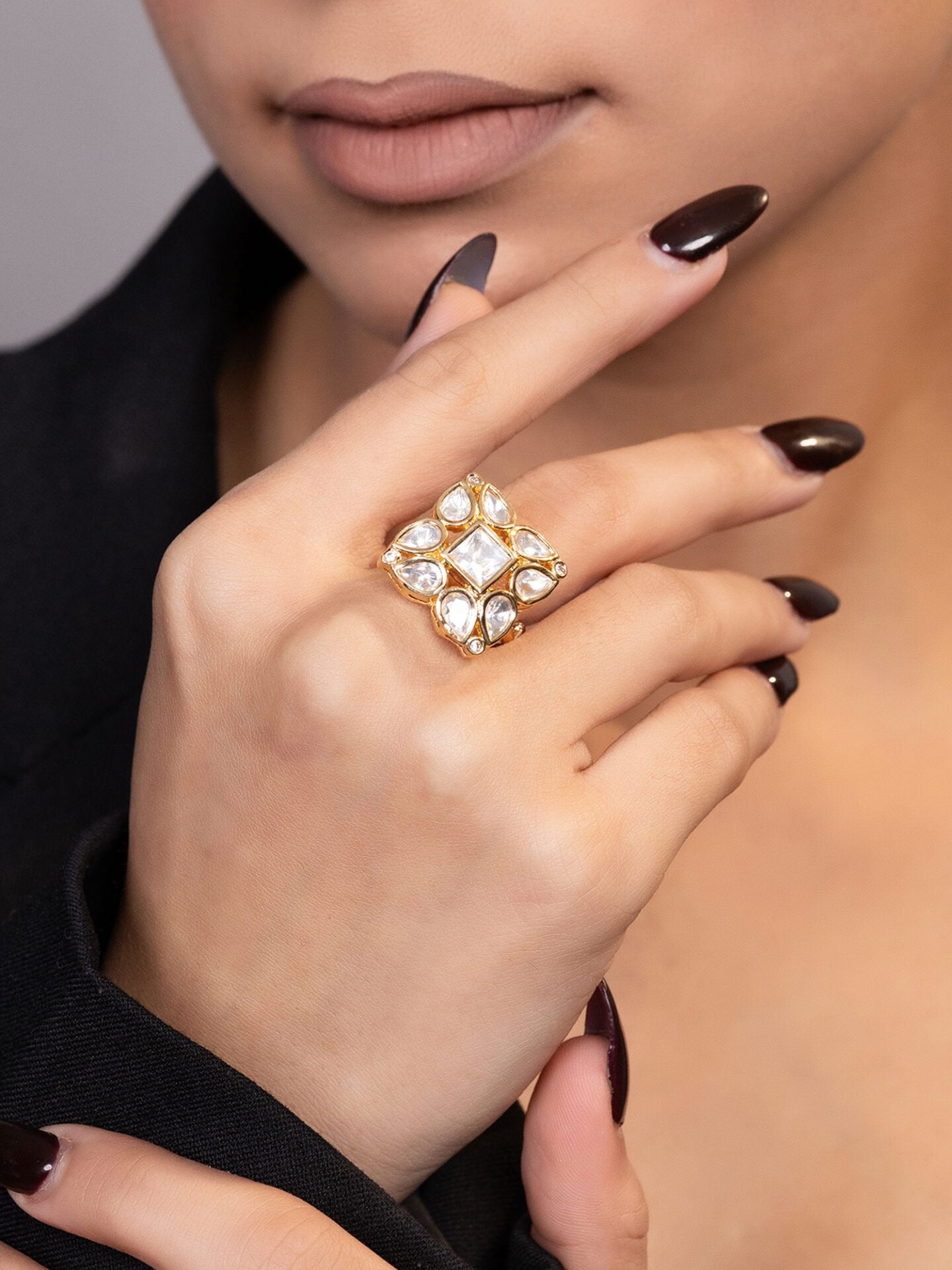 LE GANLIAN GOLD-PLATED KUNDAN-STUDDED  FINGER RING jewellery in 24K gold plating | XAGO Luxe