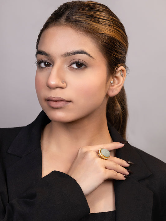 LE LANAI GOLD-PLATED GREEN KUNDAN-STUDDED FINGER RING jewellery in 24K gold plating | XAGO Luxe
