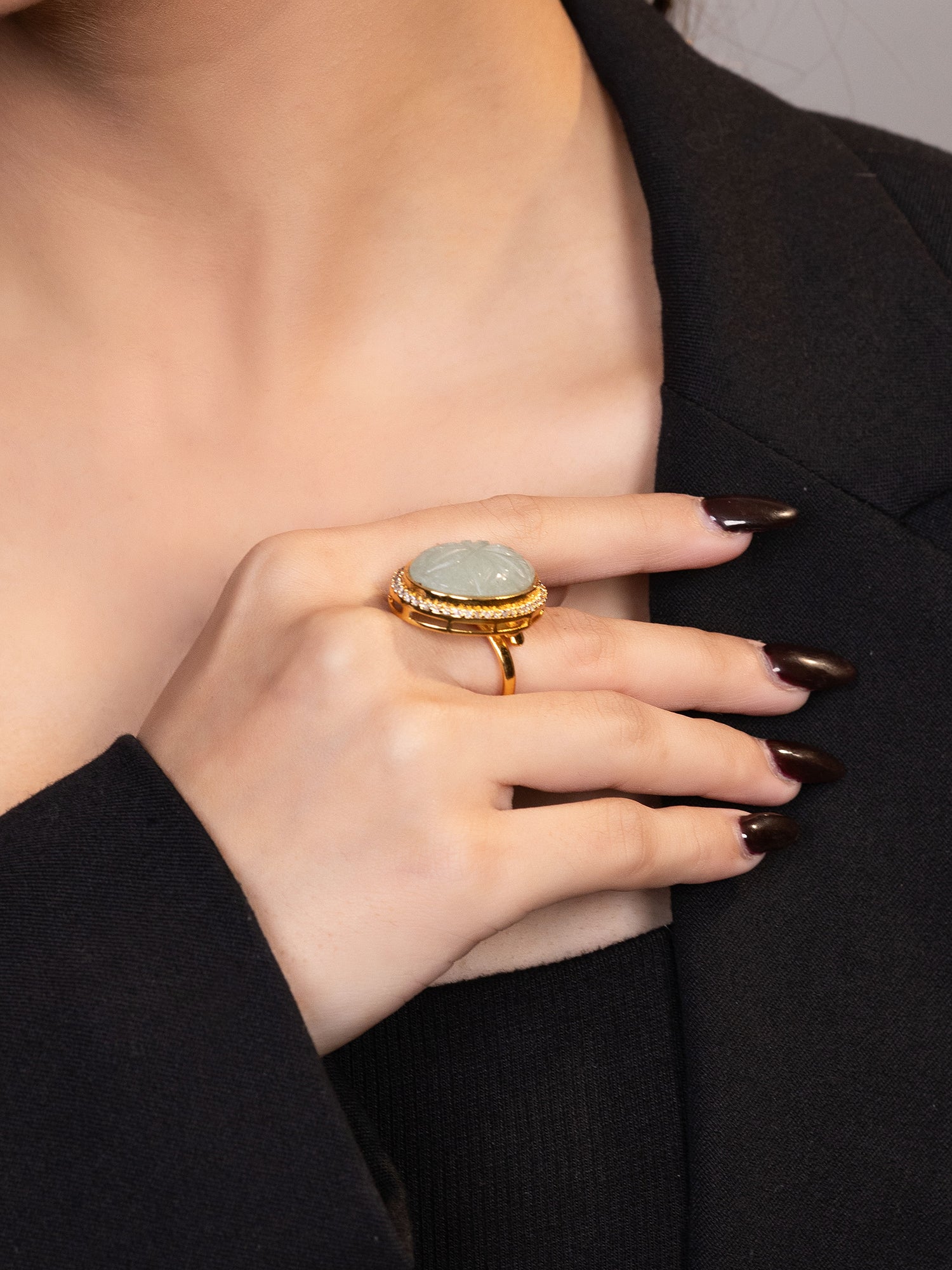LE LANAI GOLD-PLATED GREEN KUNDAN-STUDDED FINGER RING jewellery in 24K gold plating | XAGO Luxe