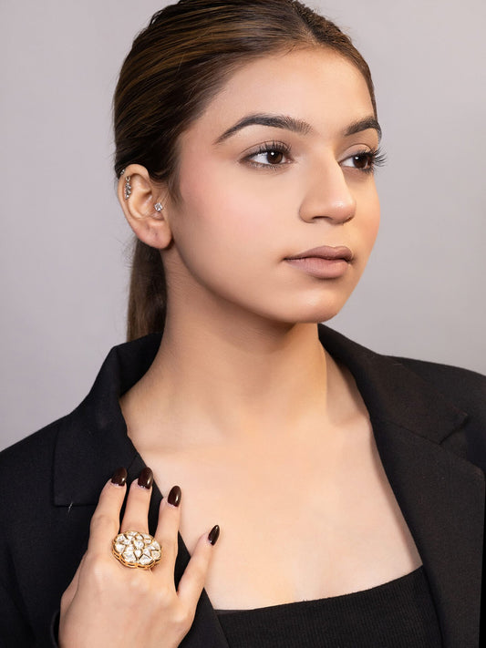LE IRAMO GOLD-PLATED KUNDAN-STUDDED ADJUSTABLE FINGER RING jewellery in 24K gold plating | XAGO Luxe
