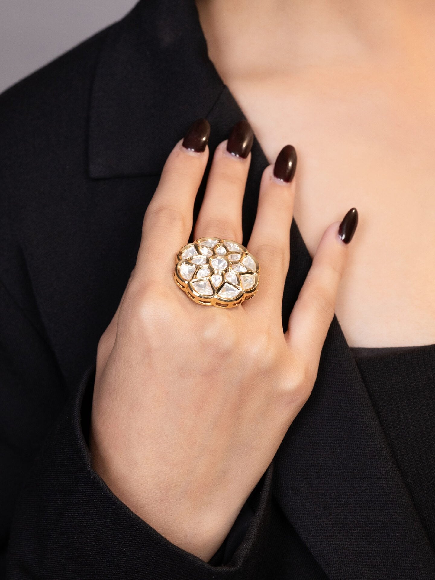 LE IRAMO GOLD-PLATED KUNDAN-STUDDED ADJUSTABLE FINGER RING jewellery in 24K gold plating | XAGO Luxe