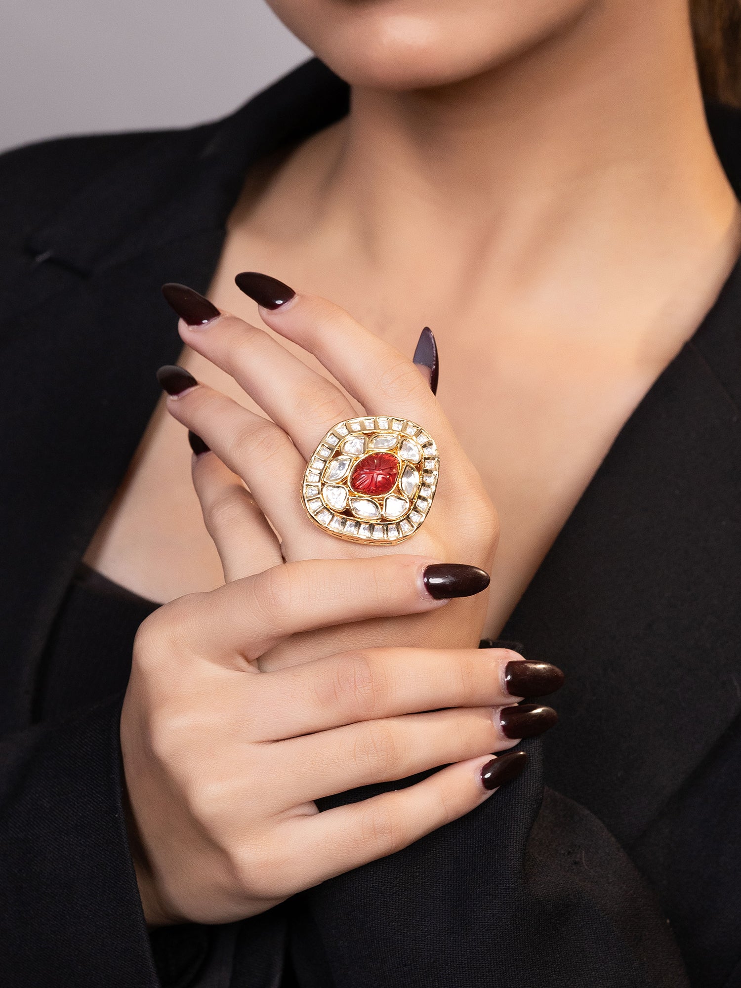 LE KIRION GOLD-PLATED KUNDAN AND RAD BEADS-STUDDED FINGER RING jewellery in 24K gold plating | XAGO Luxe