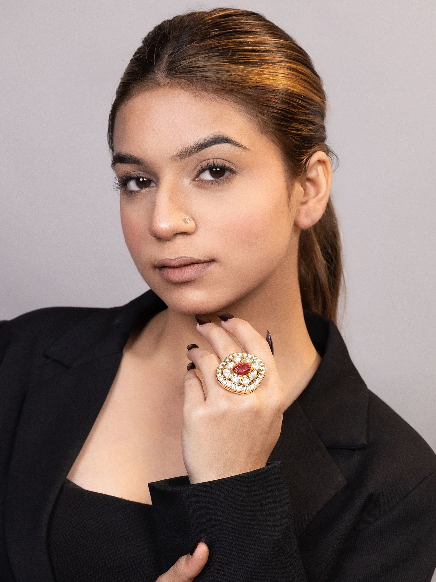 LE KIRION GOLD-PLATED KUNDAN AND RAD BEADS-STUDDED FINGER RING jewellery in 24K gold plating | XAGO Luxe