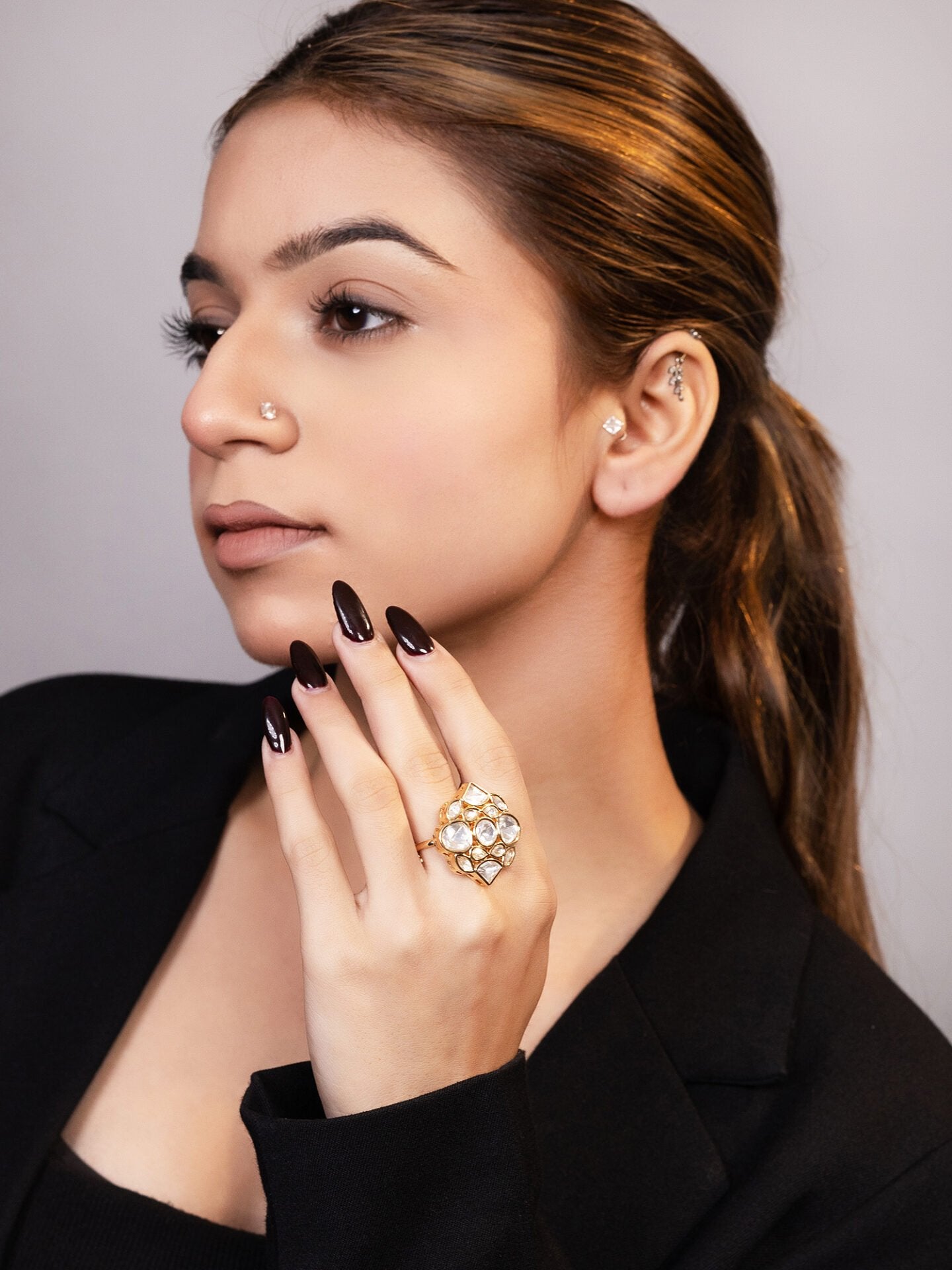 LE LUCIYA GOLD-PLATED KUNDAN-STUDDED  FINGER RING jewellery in 24K gold plating | XAGO Luxe