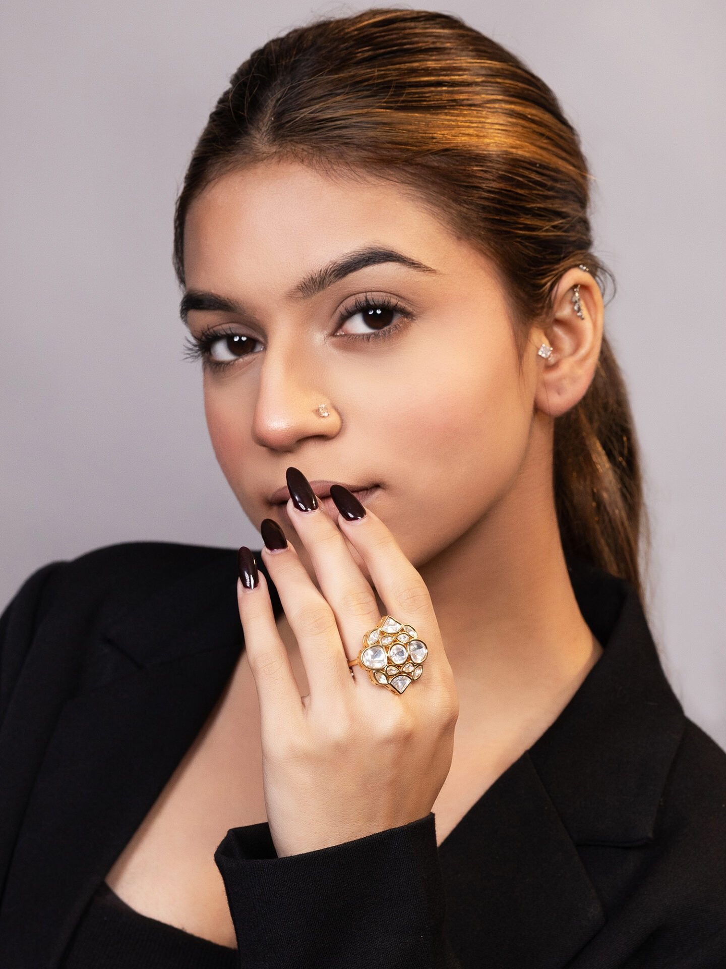 LE LUCIYA GOLD-PLATED KUNDAN-STUDDED  FINGER RING jewellery in 24K gold plating | XAGO Luxe