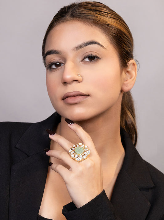 LE ANDIL GOLD-PLATED KUNDAN AND BEADS-STUDDED FINGER RING jewellery in 24K gold plating | XAGO Luxe