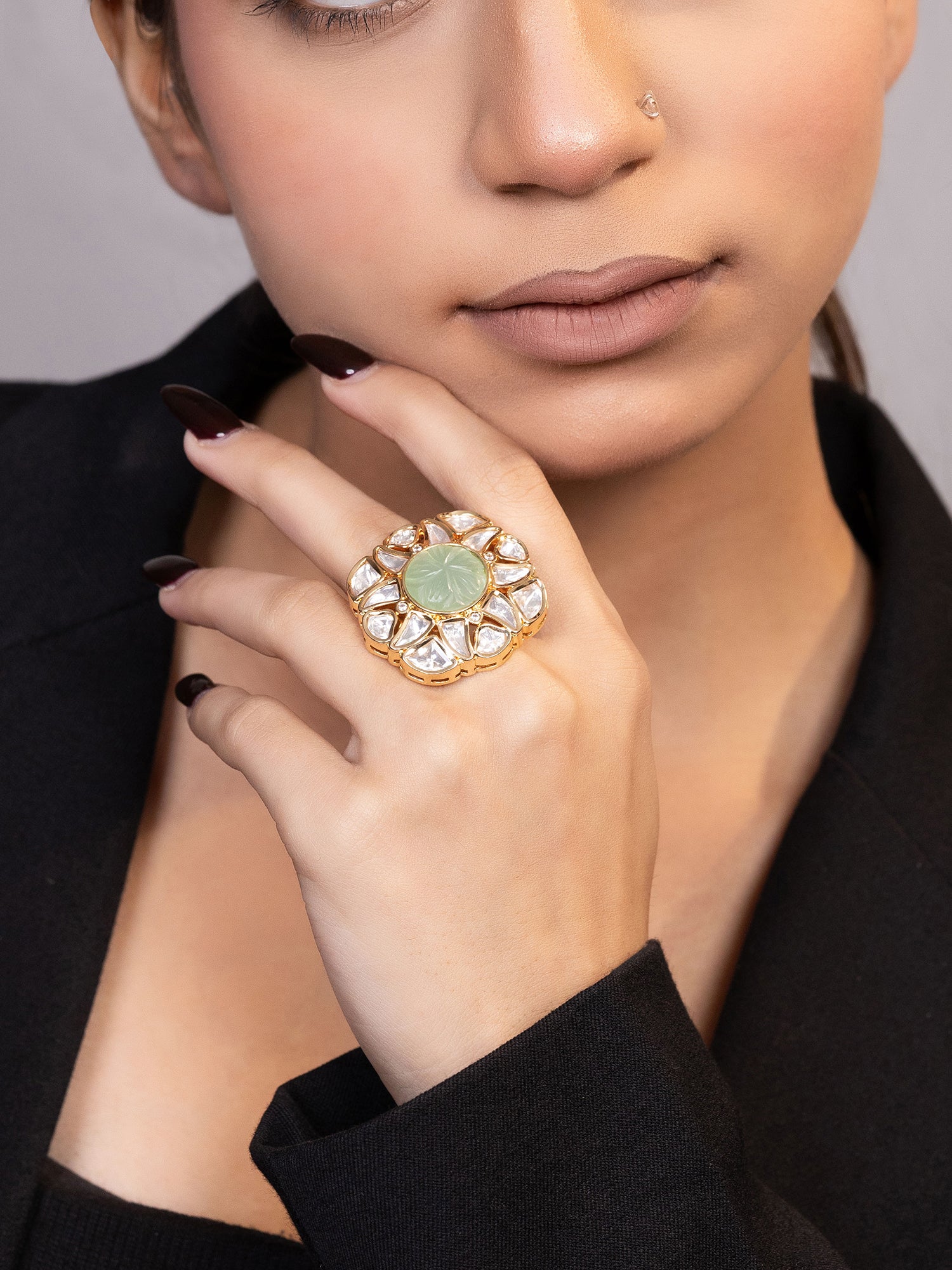 LE ANDIL GOLD-PLATED KUNDAN AND BEADS-STUDDED FINGER RING jewellery in 24K gold plating | XAGO Luxe