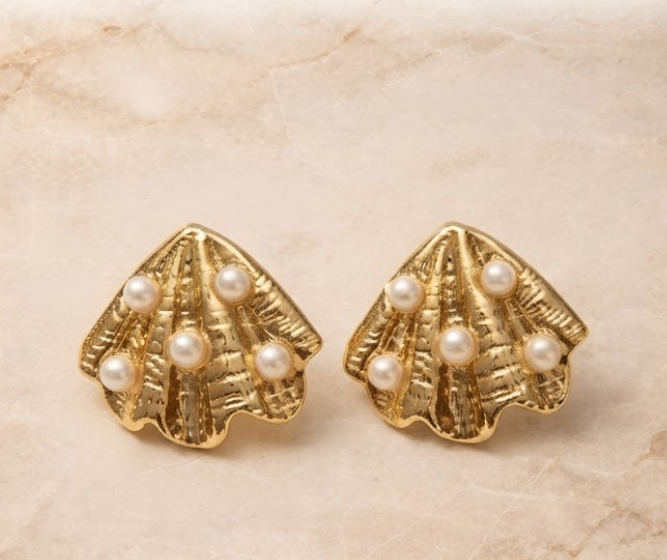 Gold Plated Seashell Stud Earrings with Pearl Accents