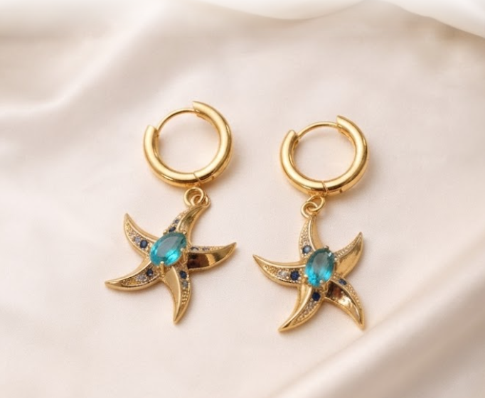 Gold Starfish Charm Hoop Earrings with Aqua Crystal | XAGO Luxe