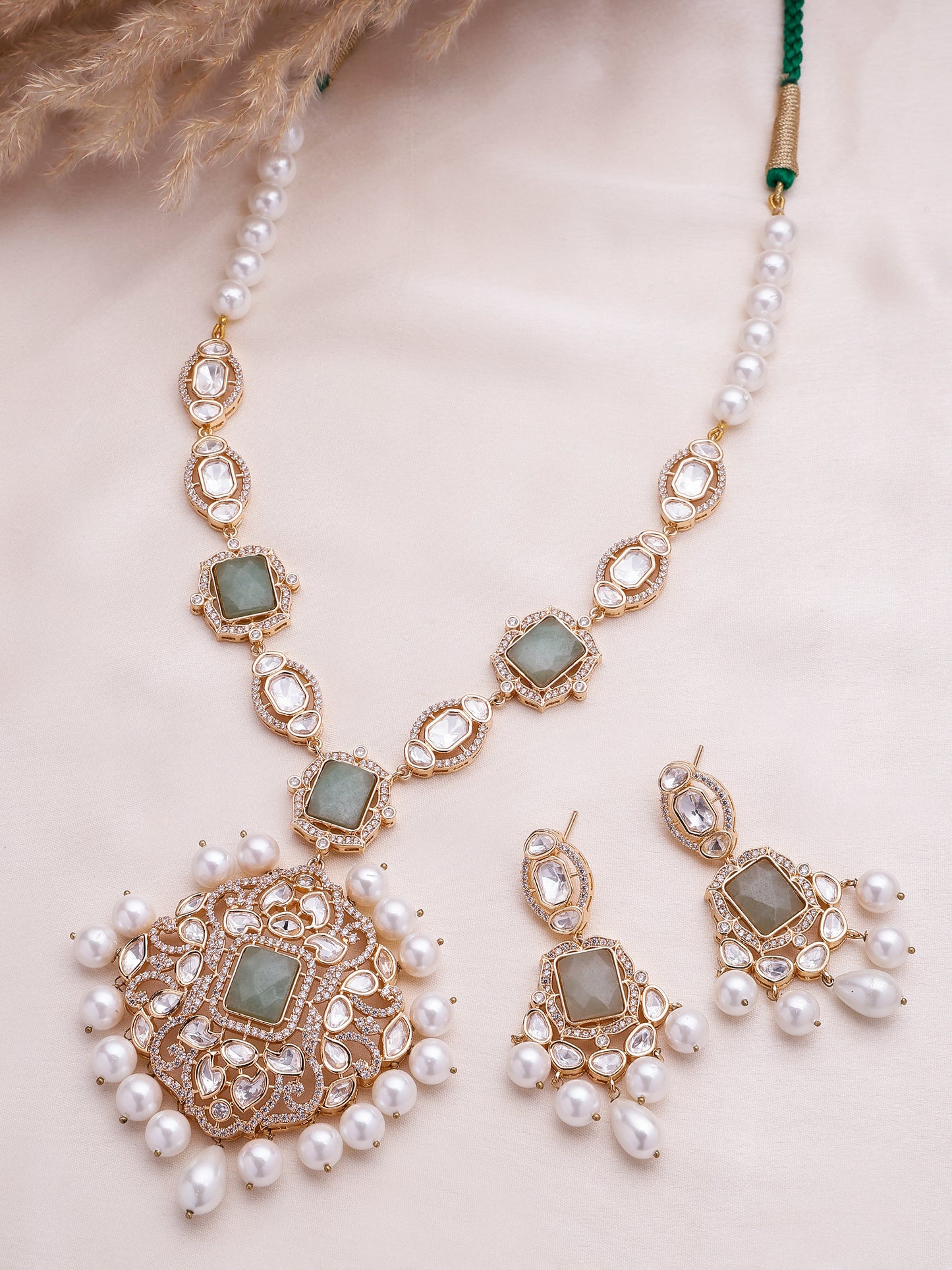Modern Gold-Plated Pastel Green CZ Statement Necklace Set XAGO Luxe
