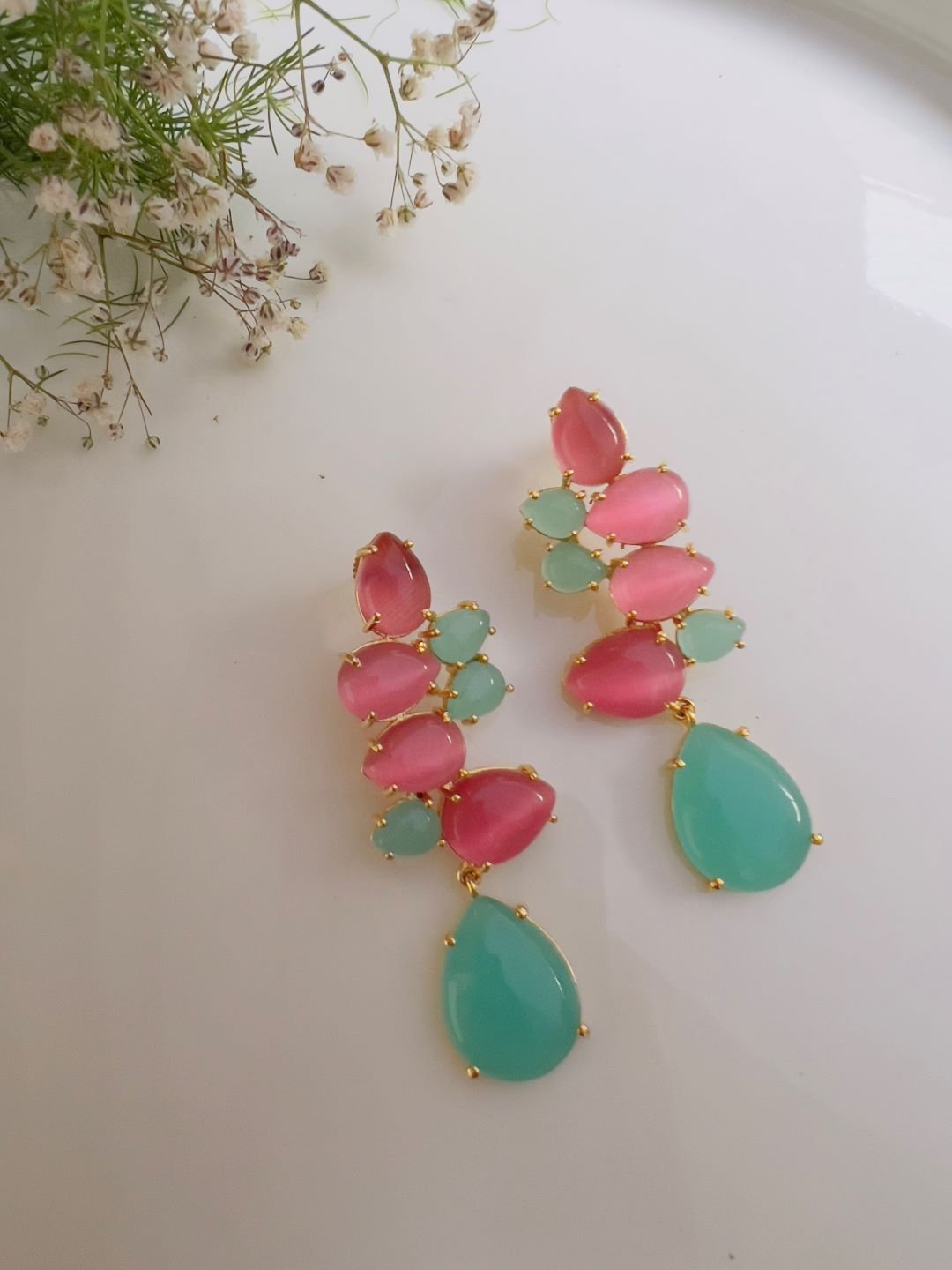 LE SIRENA GOLD TONED PINK AND BLUE CONTEMPORARY SHAPED DROP EARRINGS jewellery in 24K gold plating | XAGO Luxe