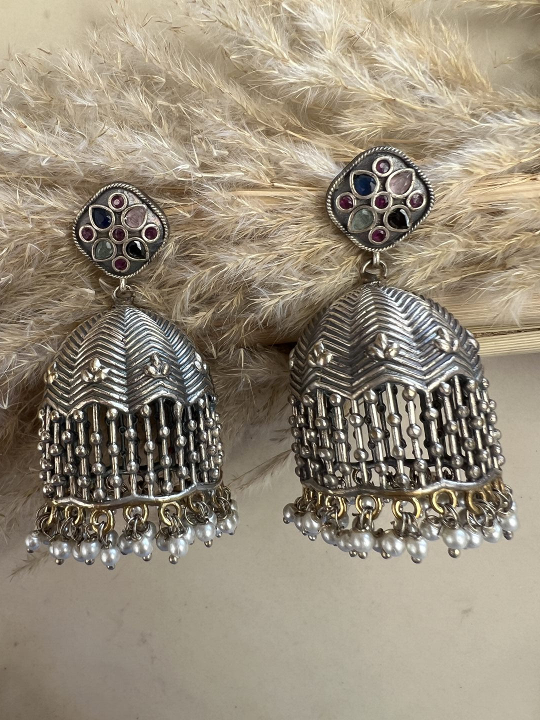 LE ELENA SILVER-TONED FLORAL SHAPED JHUMKA EARRINGS