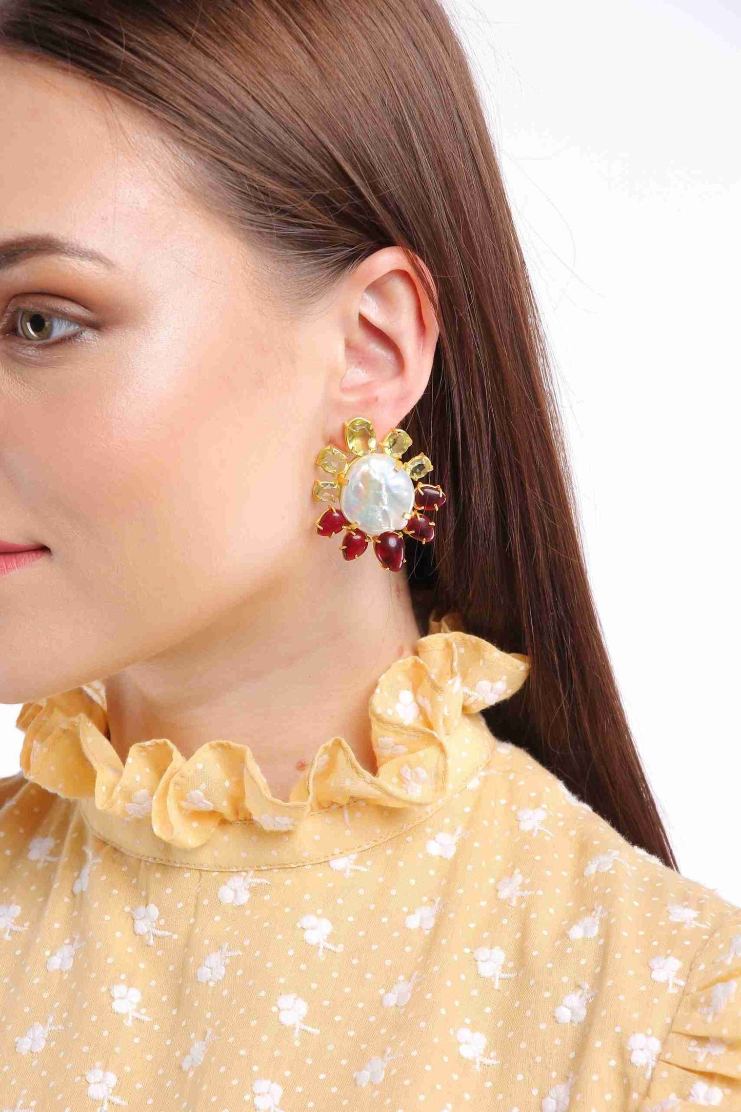RAECA CITRINE, GARNET AND PEARL STUDS jewellery in 24K gold plating | XAGO Luxe