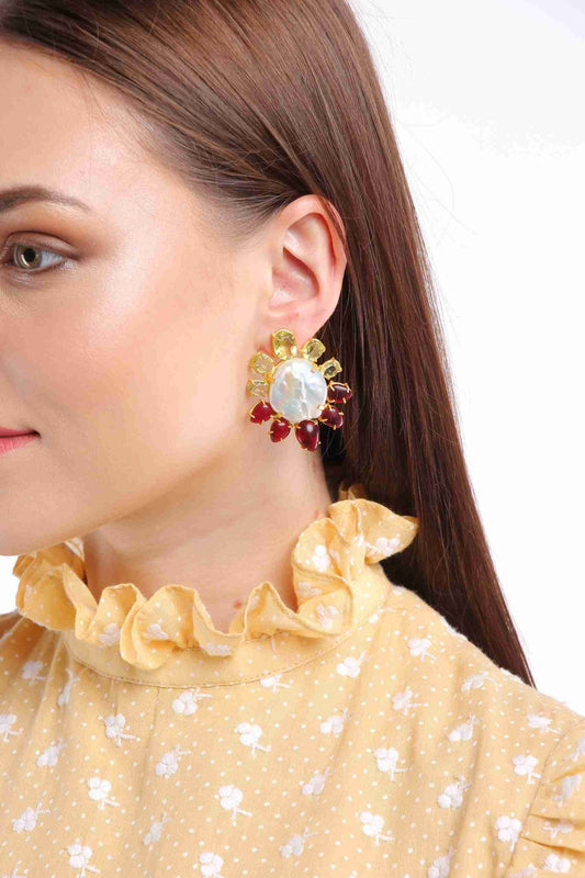 RAECA CITRINE, GARNET AND PEARL STUDS jewellery in 24K gold plating | XAGO Luxe