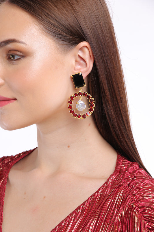 ALEXANDRA BLACK ONYX, GARNET AND FRESH WATER PEARLS  DROP EARRINGS jewellery in 24K gold plating | XAGO Luxe