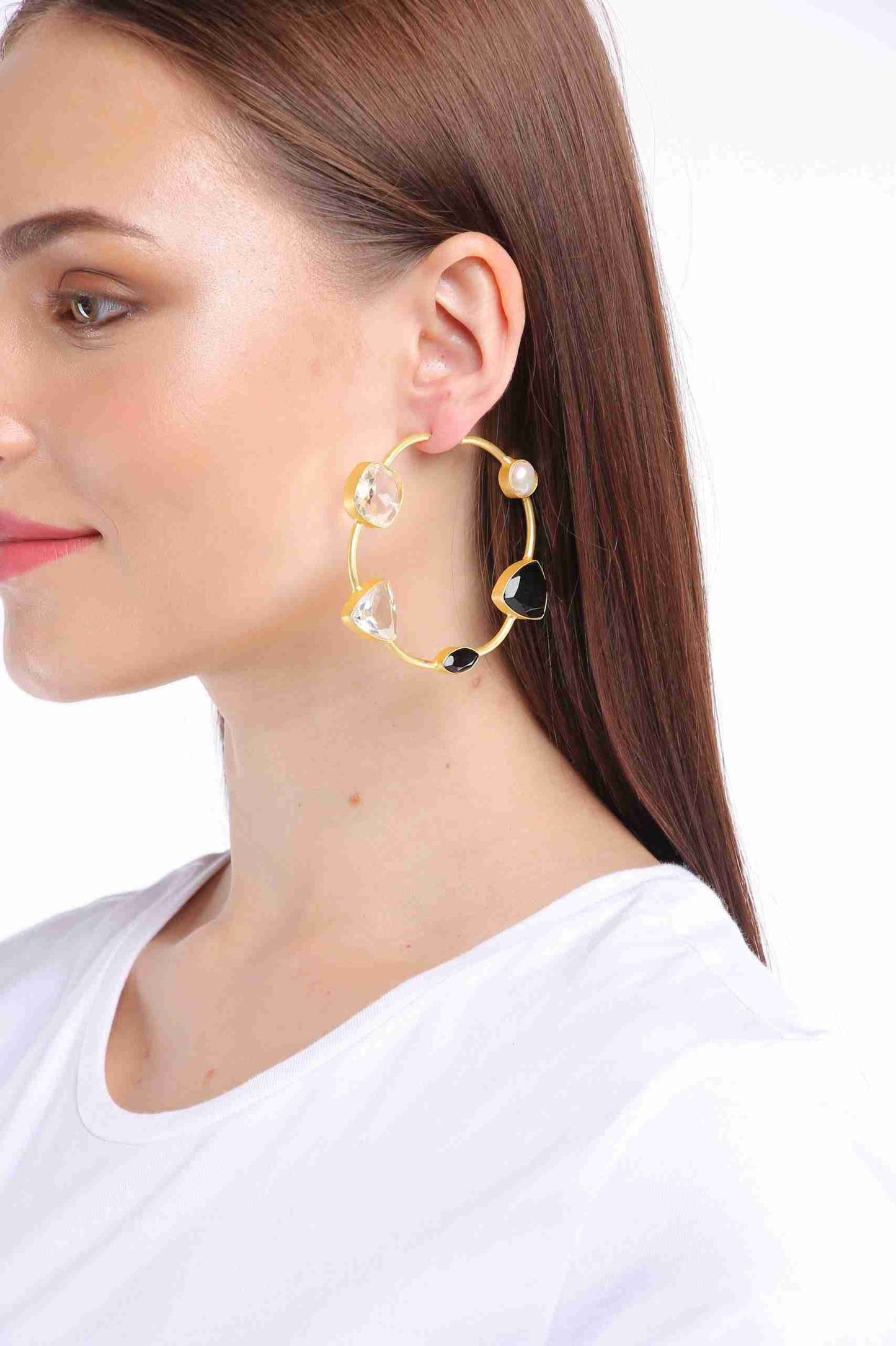 NATALIA BLACK ONYX, CRYSTAL AND PEARL HOOPS jewellery in 24K gold plating | XAGO Luxe