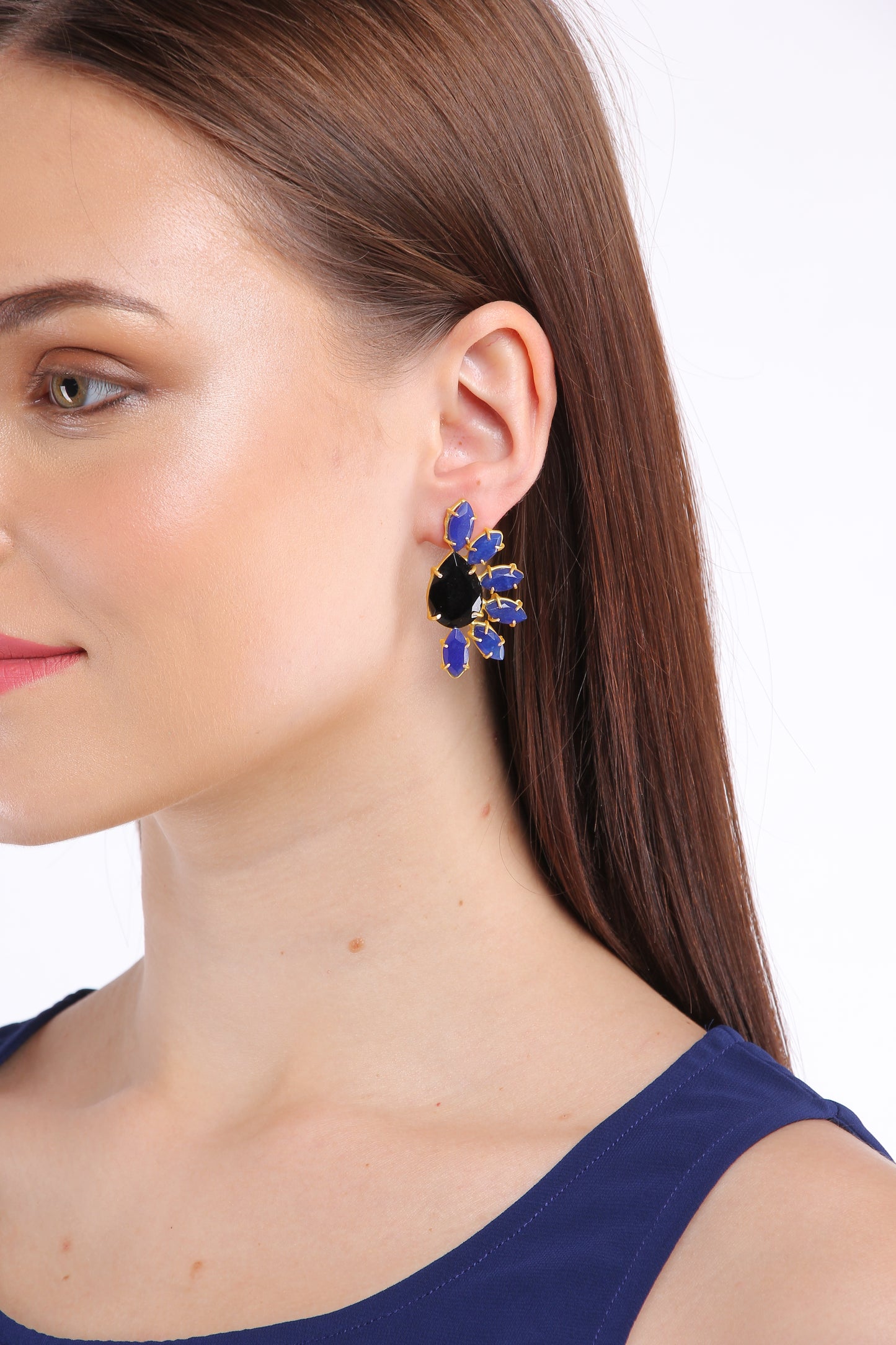 ANAYA BLACK AND BLUE GOLD PLATED STUDS jewellery in 24K gold plating | XAGO Luxe
