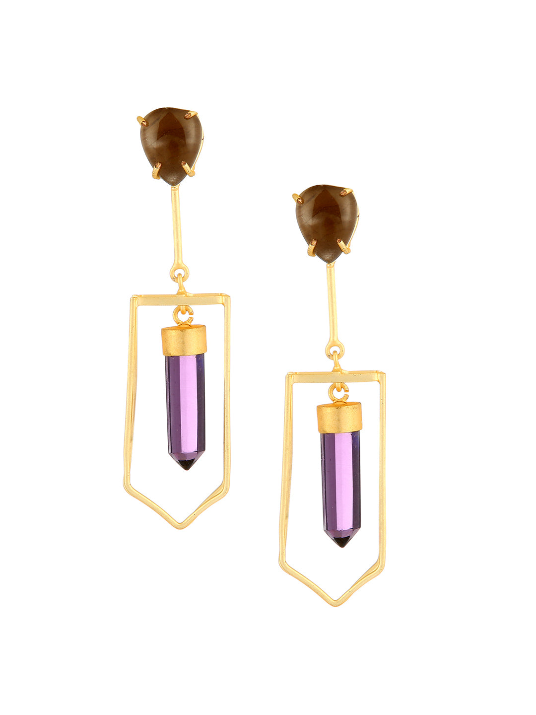 NAAMAH AMETHYST STONE & SMOKEY QUARTZ CONTEMPORARY EARRINGS statement earrings in 24K gold plating | XAGO Luxe