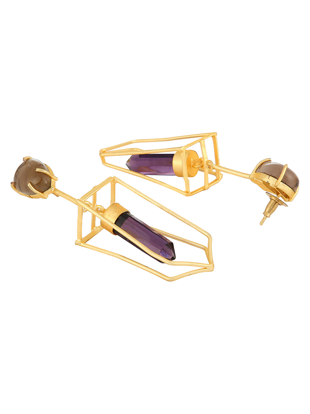 NAAMAH AMETHYST STONE & SMOKEY QUARTZ CONTEMPORARY EARRINGS statement earrings in 24K gold plating | XAGO Luxe