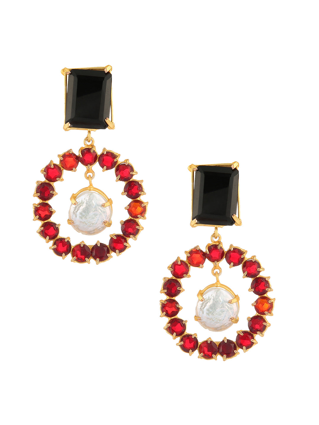 ALEXANDRA BLACK ONYX, GARNET AND FRESH WATER PEARLS  DROP EARRINGS jewellery in 24K gold plating | XAGO Luxe