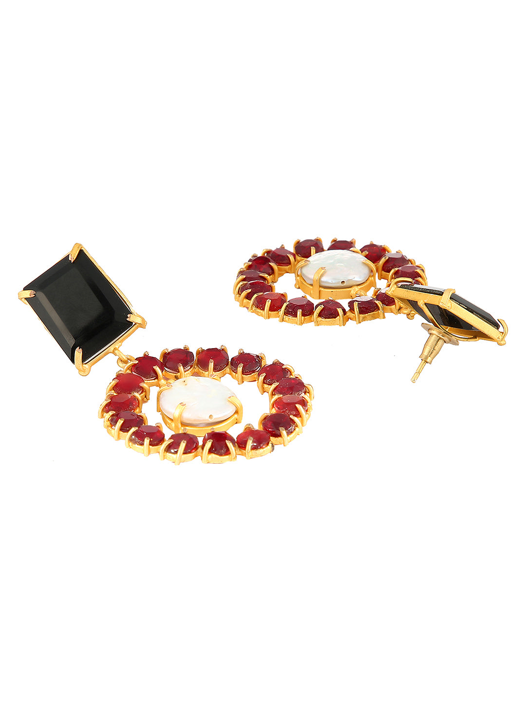 ALEXANDRA BLACK ONYX, GARNET AND FRESH WATER PEARLS  DROP EARRINGS jewellery in 24K gold plating | XAGO Luxe
