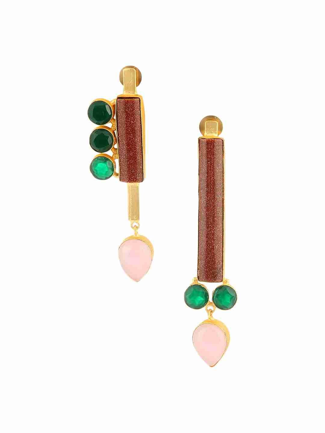 REGINA  SUNSTONE, ROSE QUARTZ  AND GREEN ONYX  ASYMMETRIC EARRINGS jewellery in 24K gold plating | XAGO Luxe