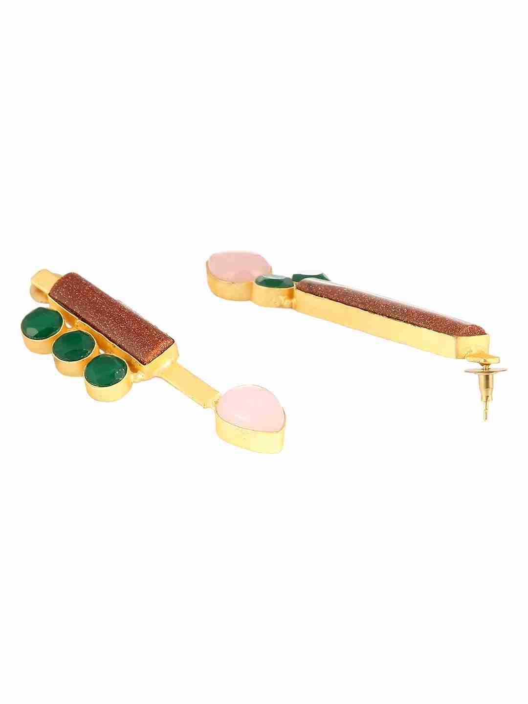 REGINA  SUNSTONE, ROSE QUARTZ  AND GREEN ONYX  ASYMMETRIC EARRINGS jewellery in 24K gold plating | XAGO Luxe