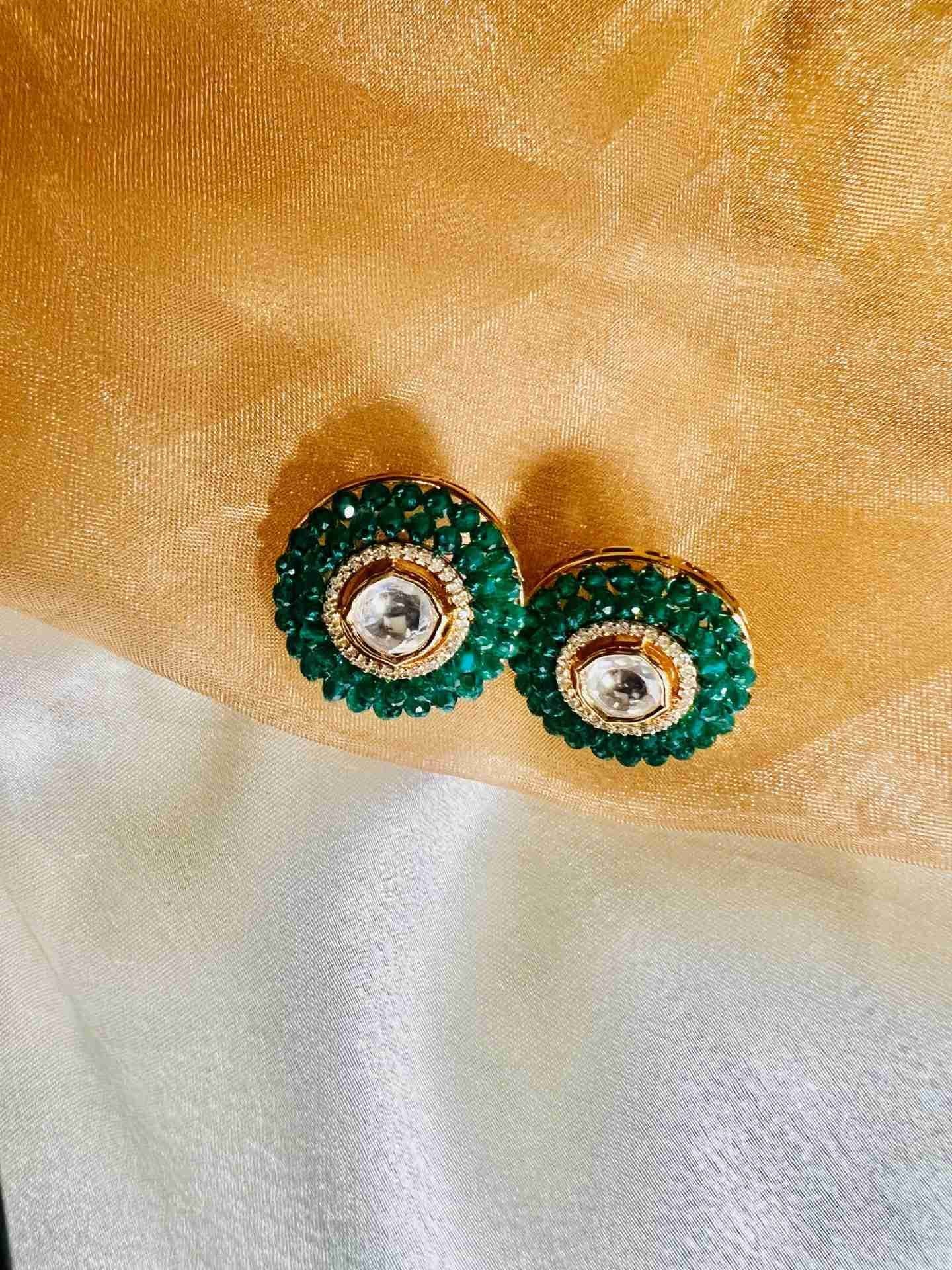 SHALAYA POLKI EARRINGS WITH AMERICAN DIAMONDS AND GREEN BEADS jewellery in 24K gold plating | XAGO Luxe