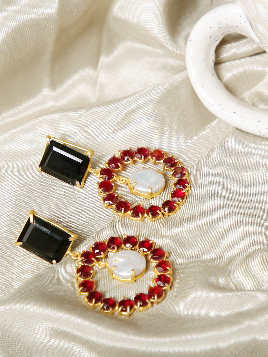 ALEXANDRA BLACK ONYX, GARNET AND FRESH WATER PEARLS  DROP EARRINGS jewellery in 24K gold plating | XAGO Luxe