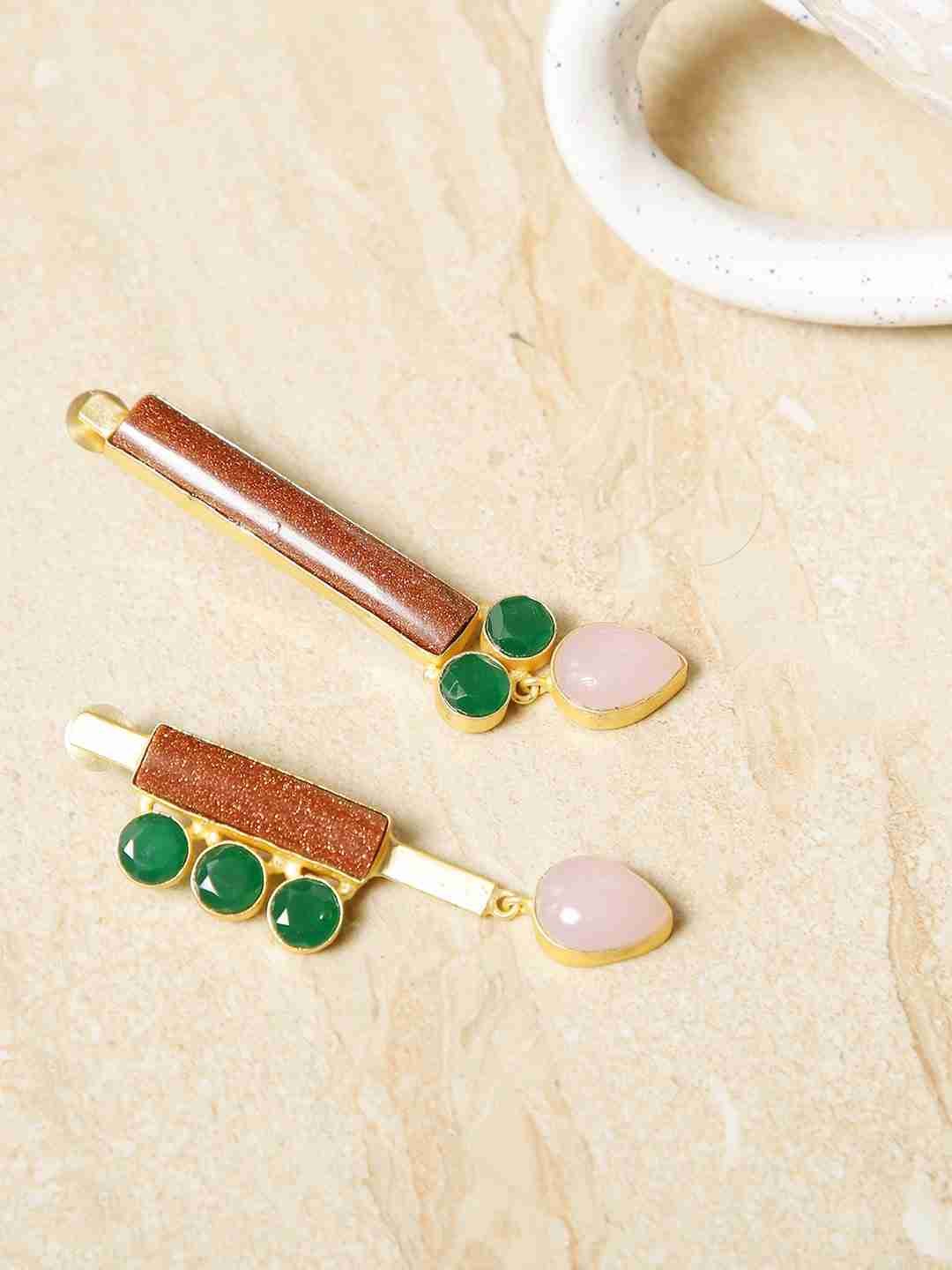 REGINA  SUNSTONE, ROSE QUARTZ  AND GREEN ONYX  ASYMMETRIC EARRINGS jewellery in 24K gold plating | XAGO Luxe
