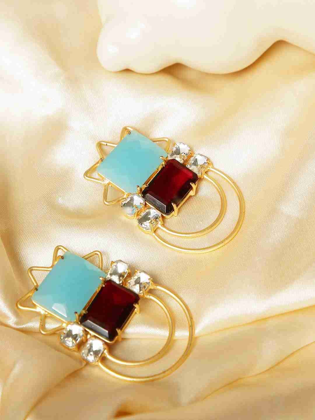 MARTINA BLUE CHALCEDONY, GARNET AND CRYSTAL STUD jewellery in 24K gold plating | XAGO Luxe