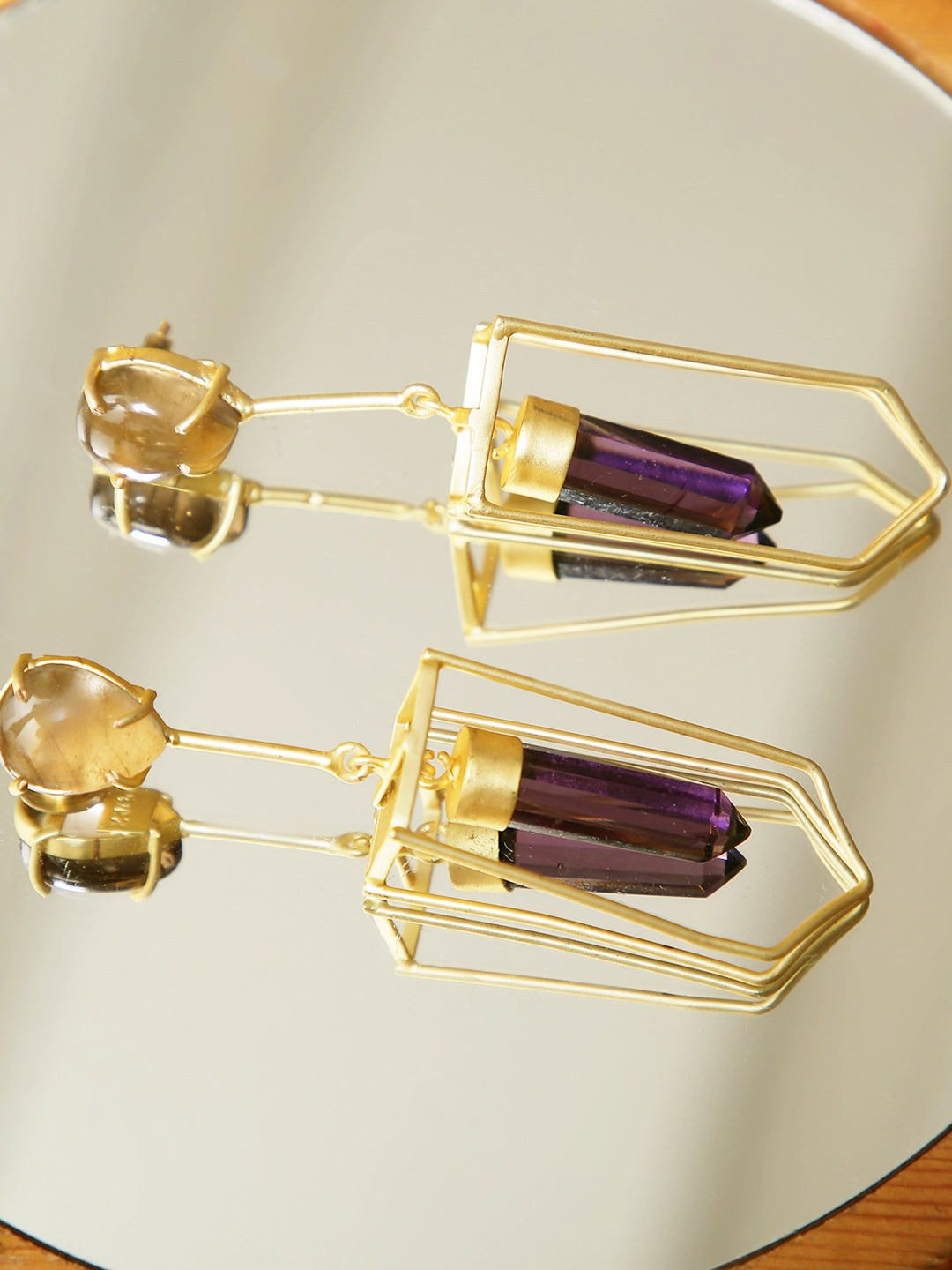 NAAMAH AMETHYST STONE & SMOKEY QUARTZ CONTEMPORARY EARRINGS statement earrings in 24K gold plating | XAGO Luxe