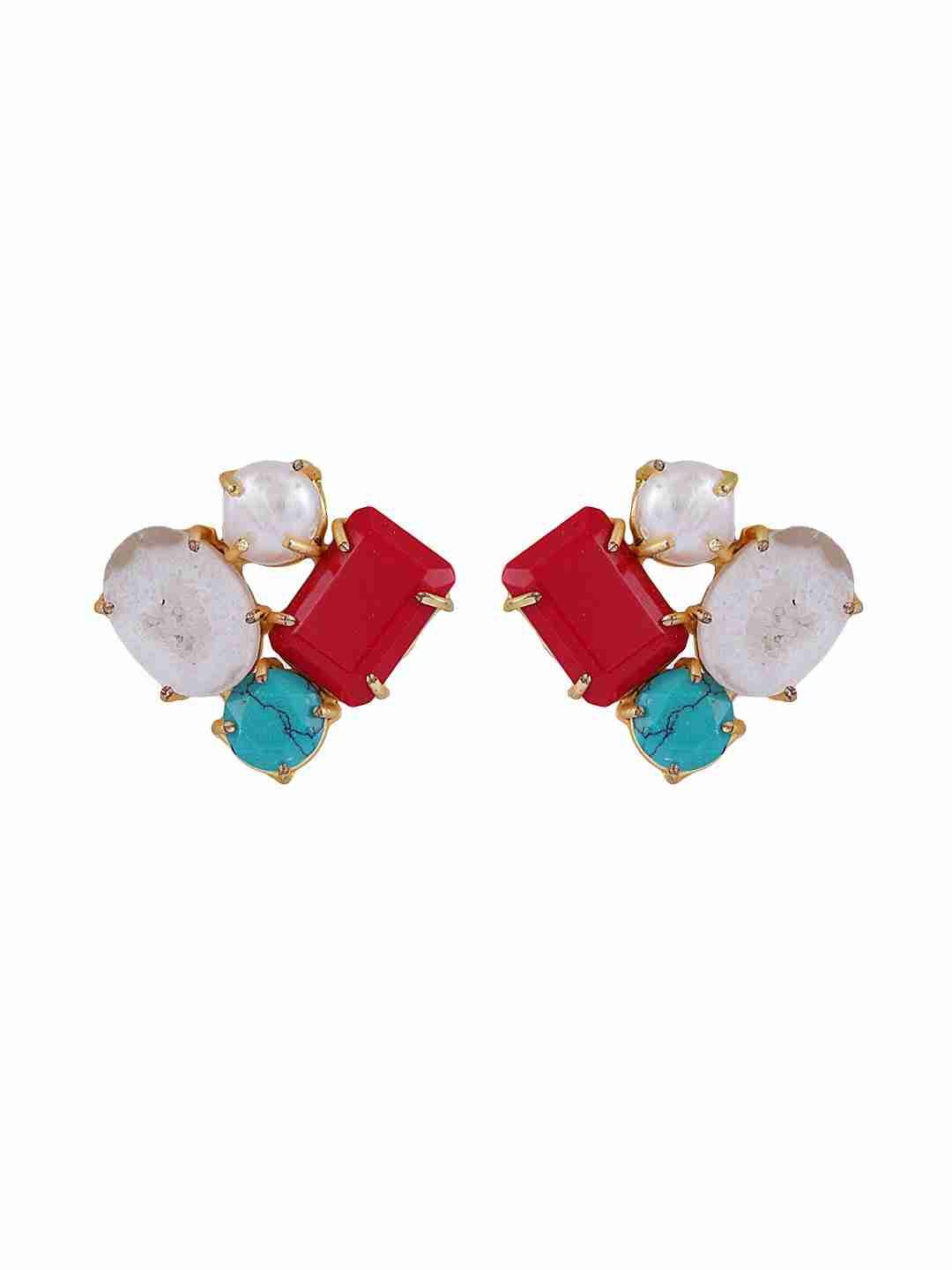 SANCHA CORAL, PEARLS, TURQUOISE AND WHITE AGATE STUDS jewellery in 24K gold plating | XAGO Luxe