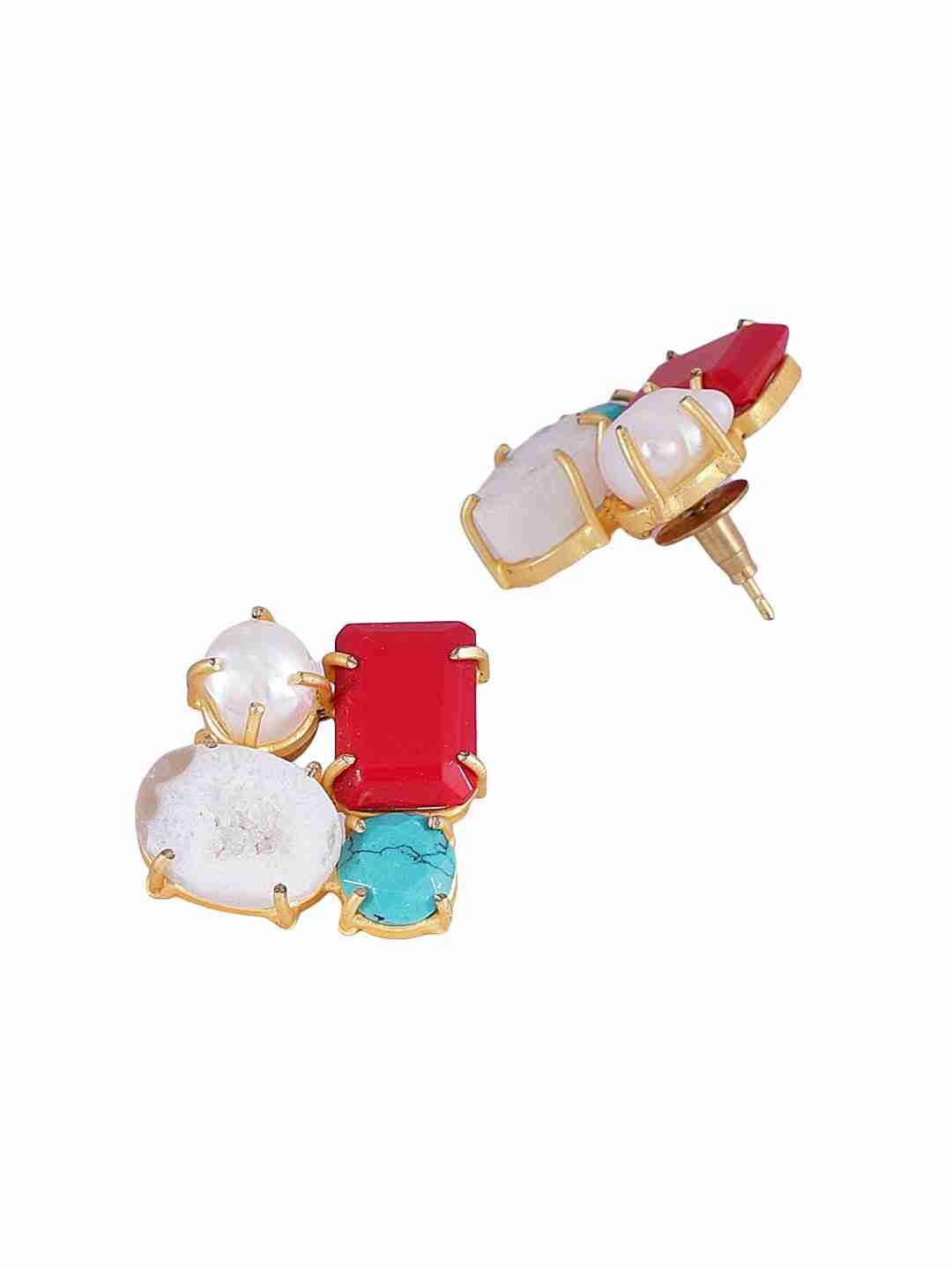 SANCHA CORAL, PEARLS, TURQUOISE AND WHITE AGATE STUDS jewellery in 24K gold plating | XAGO Luxe
