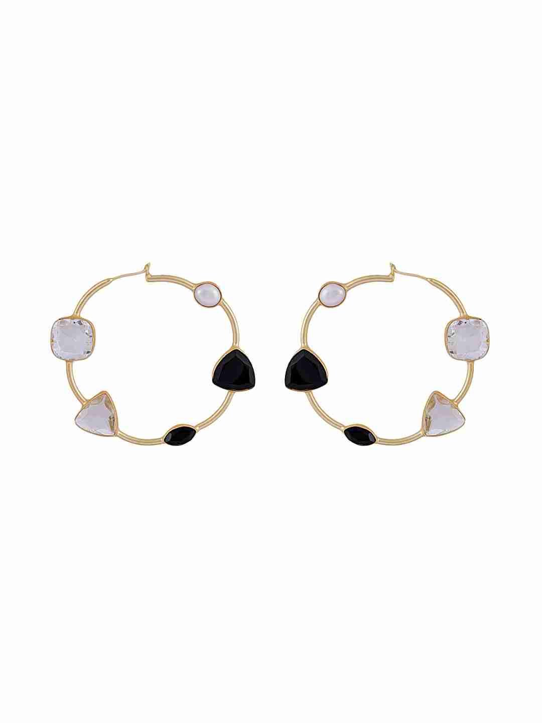 NATALIA BLACK ONYX, CRYSTAL AND PEARL HOOPS jewellery in 24K gold plating | XAGO Luxe