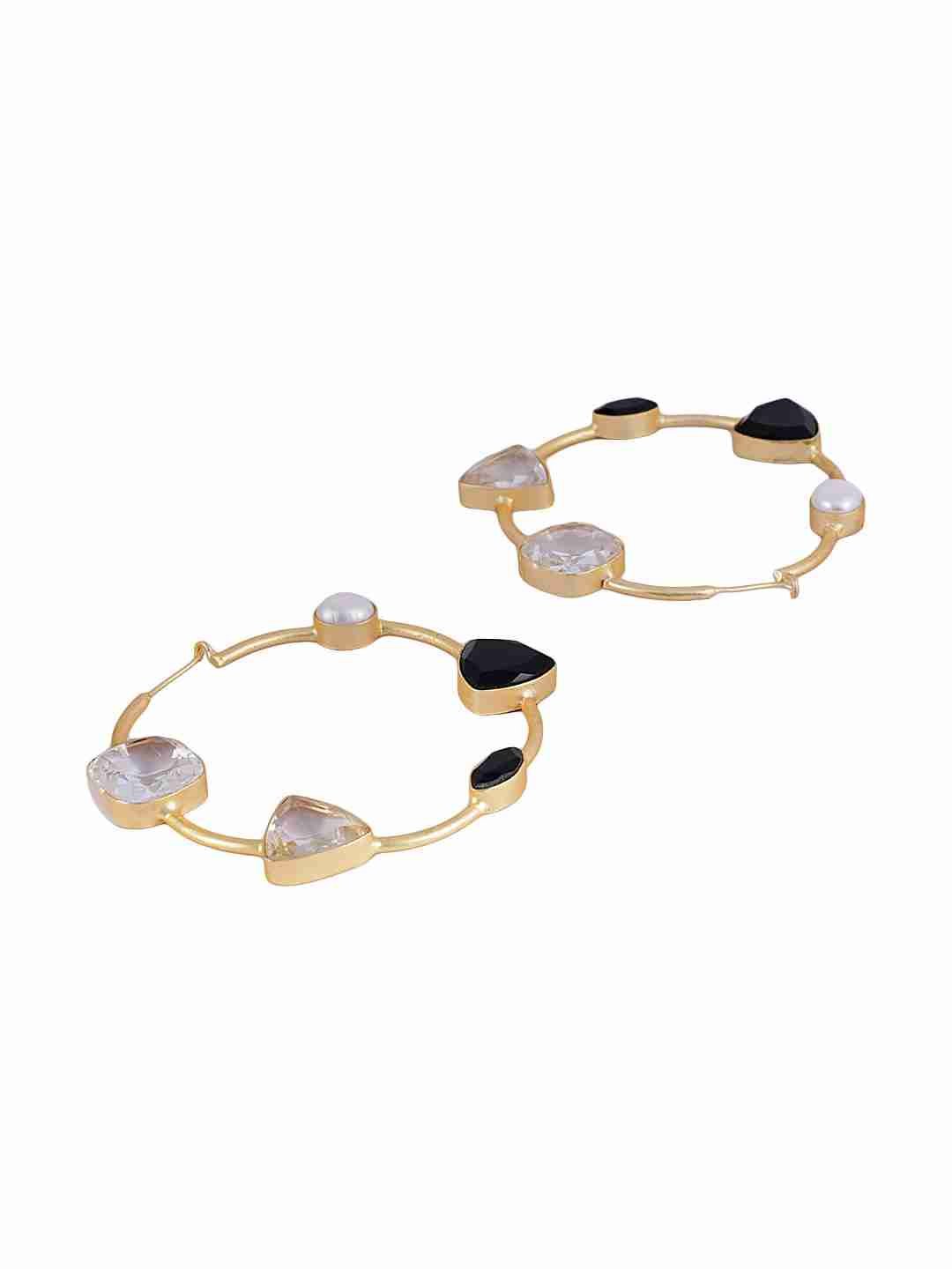 NATALIA BLACK ONYX, CRYSTAL AND PEARL HOOPS jewellery in 24K gold plating | XAGO Luxe