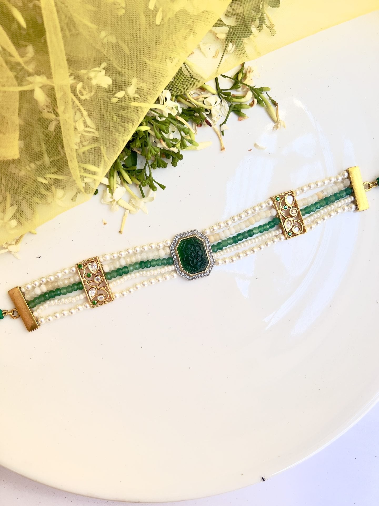 LE LUIS BLUE GOLD PLATED GREEN AND WHITE MOISSANITE STUDDED NECKLACE jewellery in 24K gold plating | XAGO Luxe