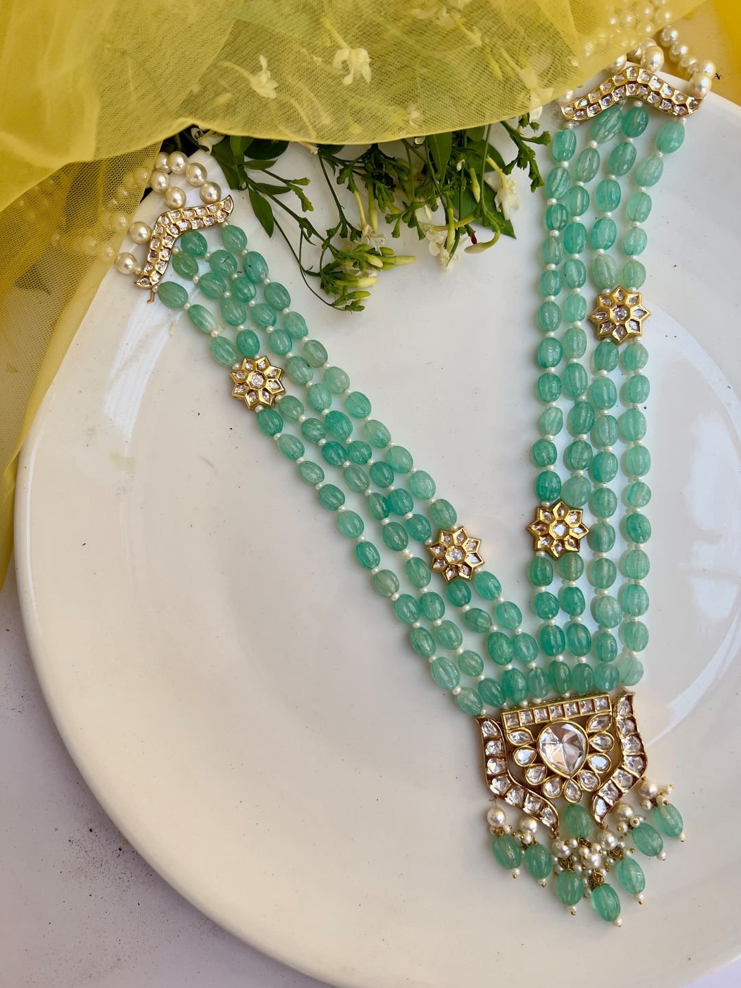 LE MANUEL SEA GREEN BEADS & WHITE KHUNDAN LONG NECKLACE SET jewellery in 24K gold plating | XAGO Luxe