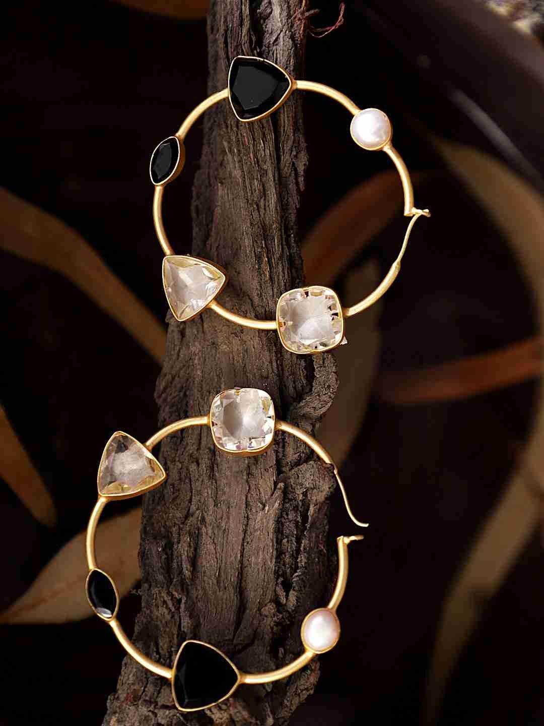 NATALIA BLACK ONYX, CRYSTAL AND PEARL HOOPS jewellery in 24K gold plating | XAGO Luxe
