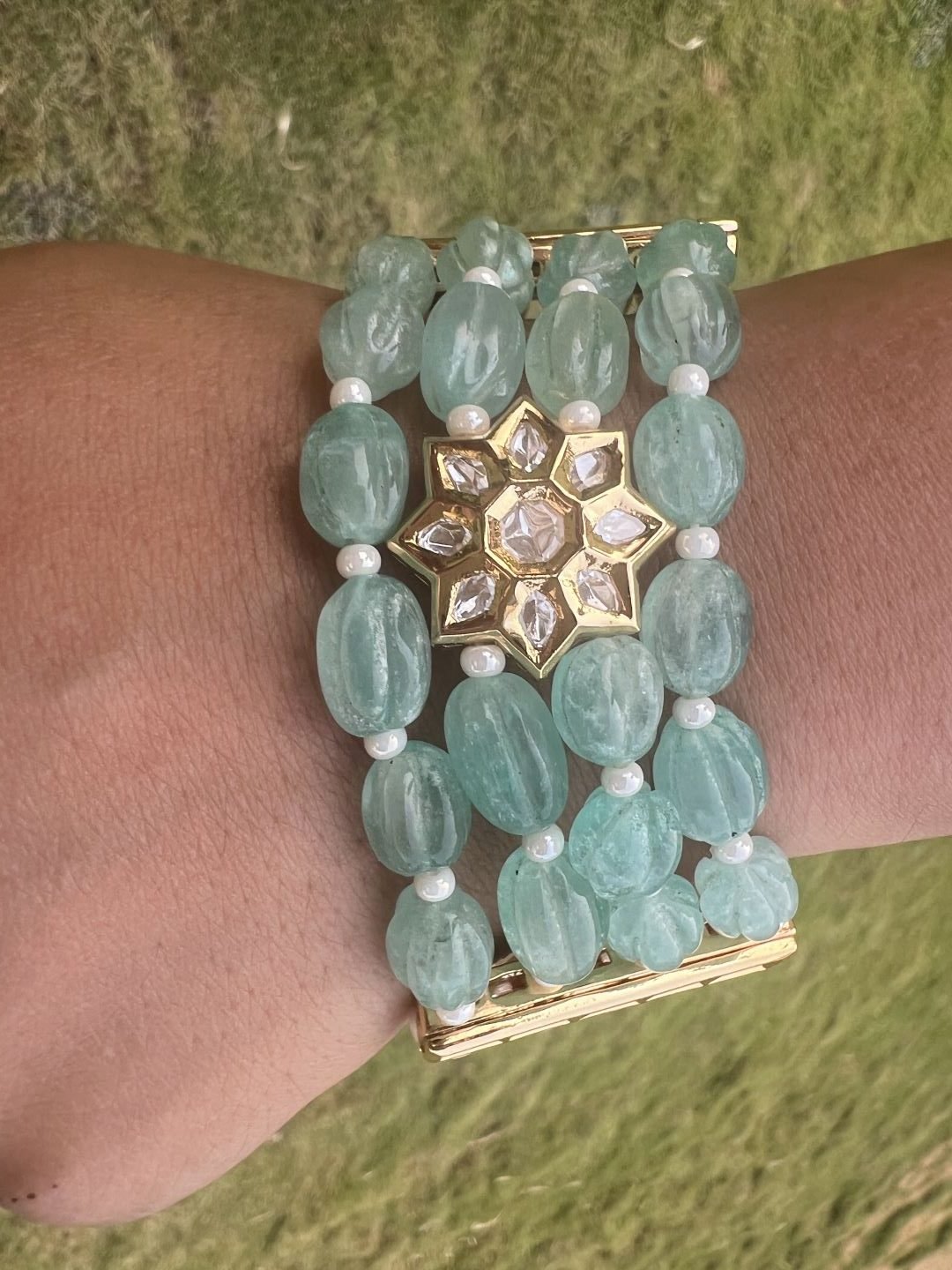 LE DULCE BLUE PEARL & KUNDAN BRACELET jewellery in 24K gold plating | XAGO Luxe