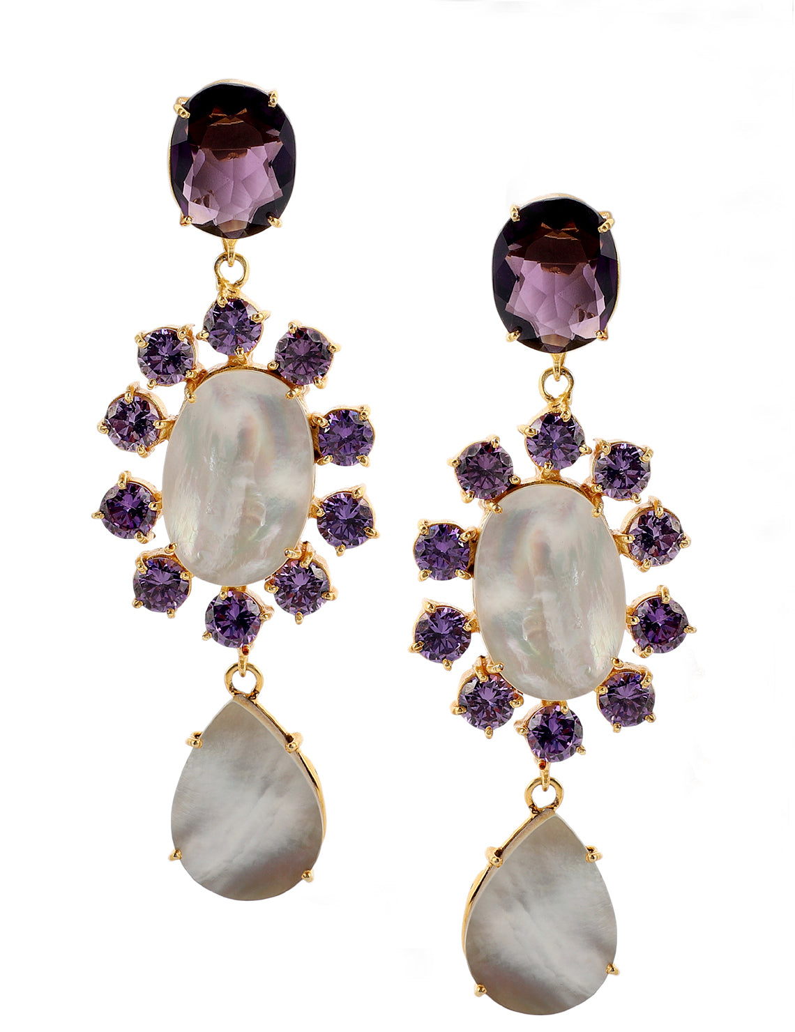 AMARA MOTHER OF PEARL & AMETHYST CONVERT EARRINGS jewellery in 24K gold plating | XAGO Luxe