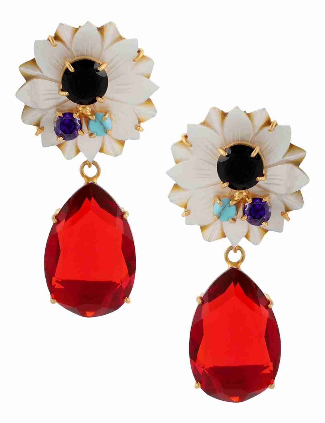 KARASI BLACK ONYX, GARNET AND MOTHER OF PEARL CONVERT EARRINGS jewellery in 24K gold plating | XAGO Luxe