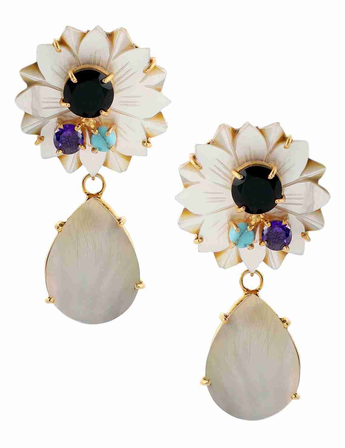 FREJA MOTHER OF PEARL, AMETHYST & BLACK ONYX CONVERT EARRINGS jewellery in 24K gold plating | XAGO Luxe