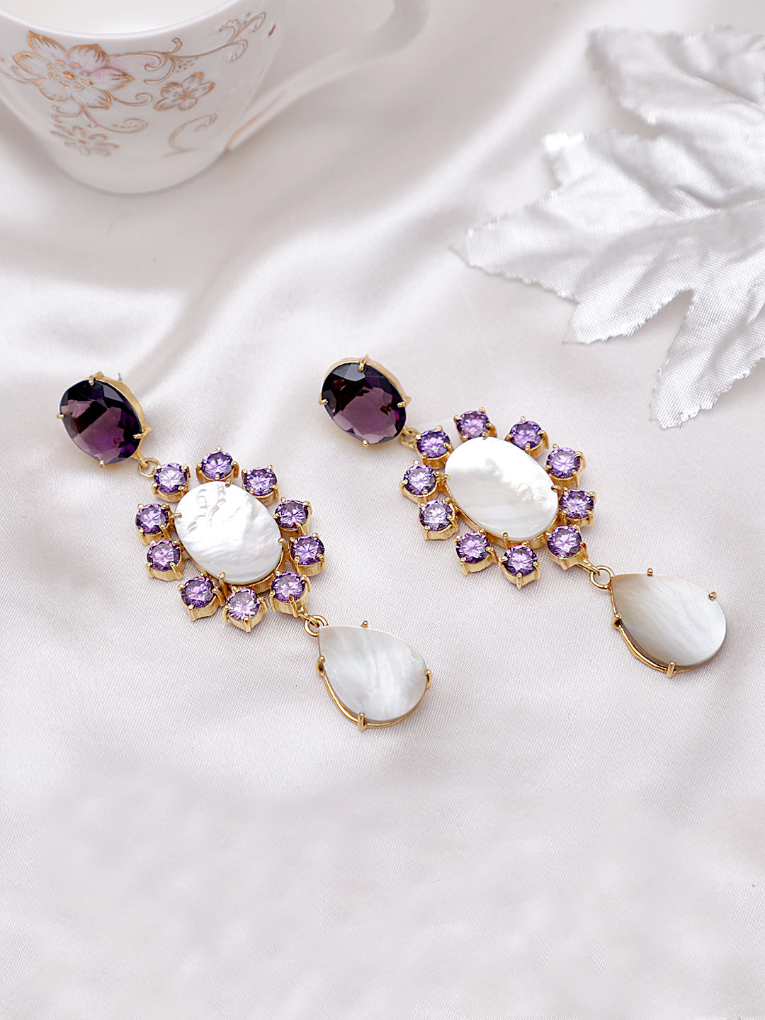 AMARA MOTHER OF PEARL & AMETHYST CONVERT EARRINGS jewellery in 24K gold plating | XAGO Luxe